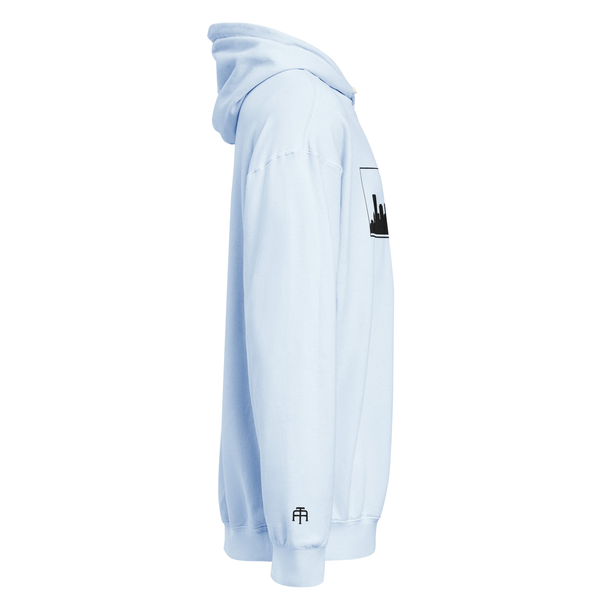 Hydrangea color St. Louis Edition lightweight garment-dyed hoodie featuring St. Louis skyline, Gateway Arch, and STL wrist branding | Our City | An Athlete Trains