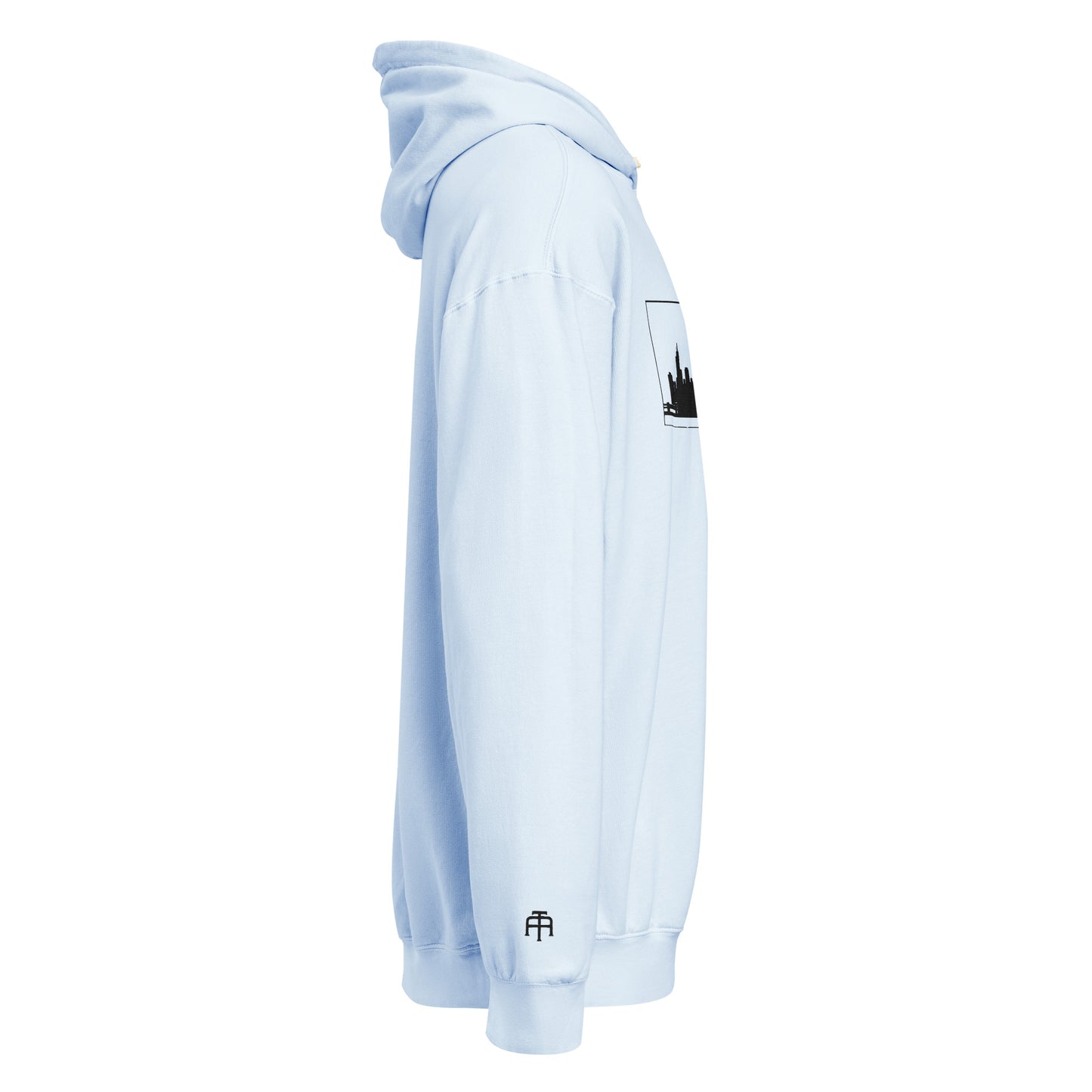 Hydrangea color Chicago Edition lightweight garment-dyed hoodie featuring embroidered Chicago skyline and CHI wrist branding | Our City | An Athlete Trains