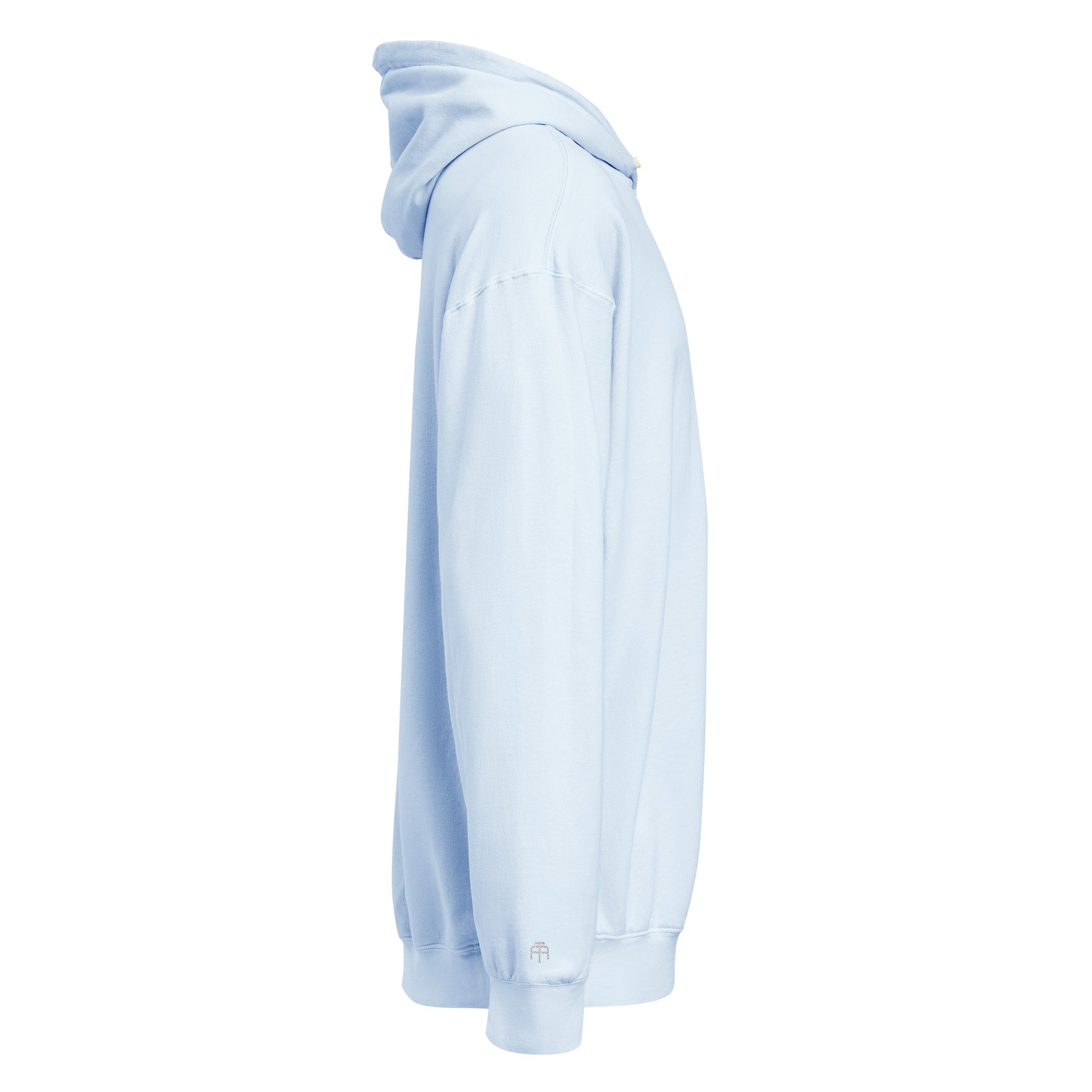 Vintage-style lightweight fleece hoodie in hydrangea with white switch\off and logo embroidery - An Athlete Trains. Right side view