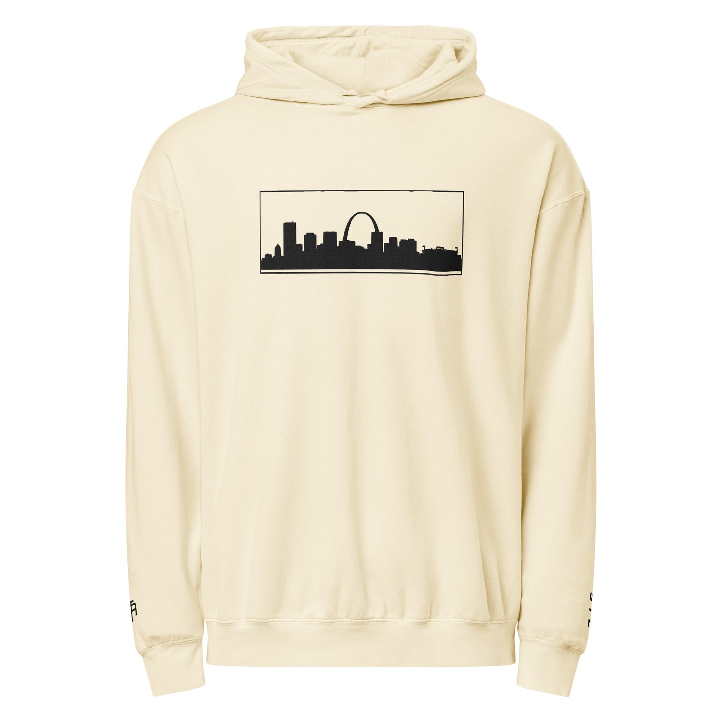 Ivory St. Louis Edition lightweight garment-dyed hoodie featuring St. Louis skyline, Gateway Arch, and STL wrist branding | Our City | An Athlete Trains