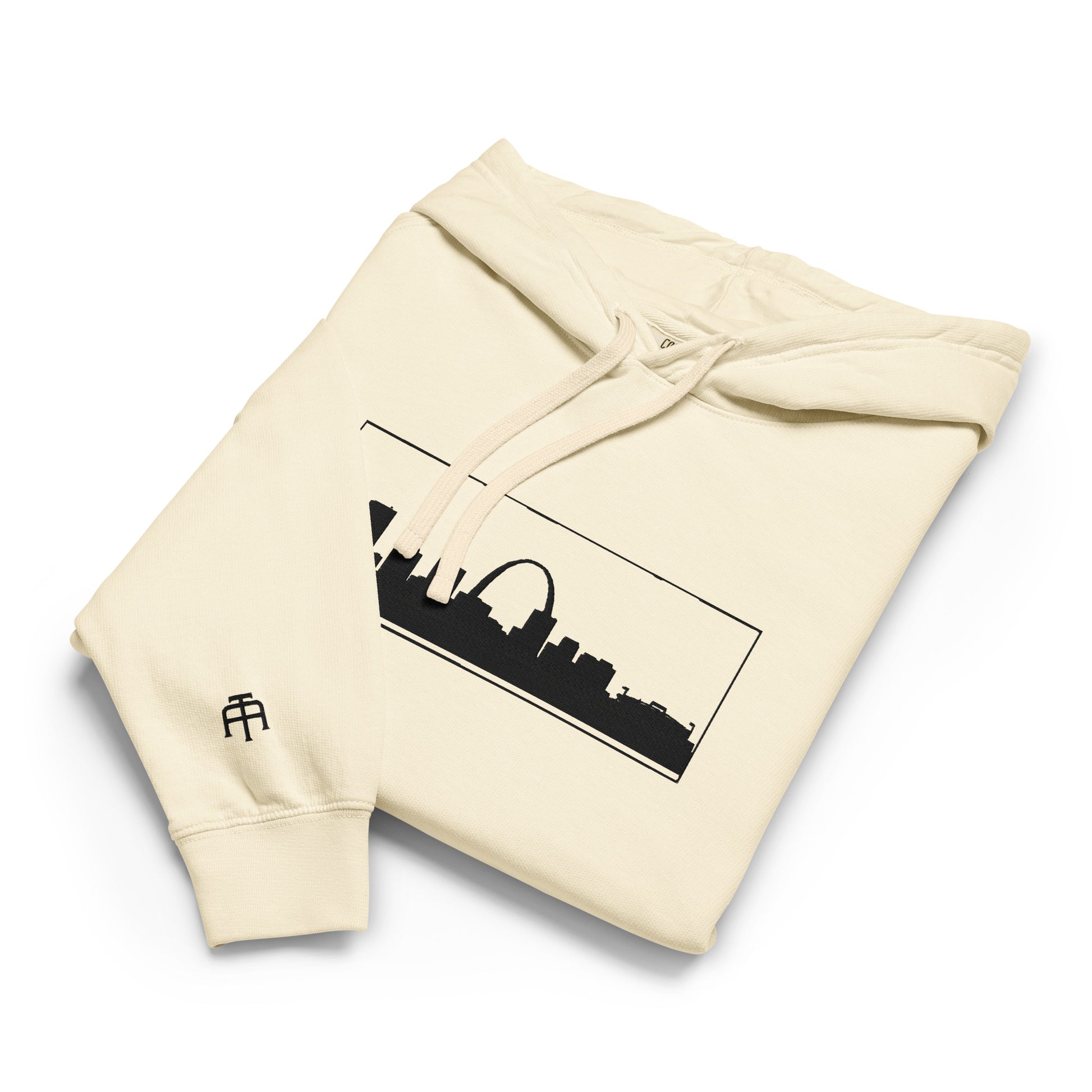 Ivory St. Louis Edition lightweight garment-dyed hoodie featuring St. Louis skyline, Gateway Arch, and STL wrist branding | Our City | An Athlete Trains
