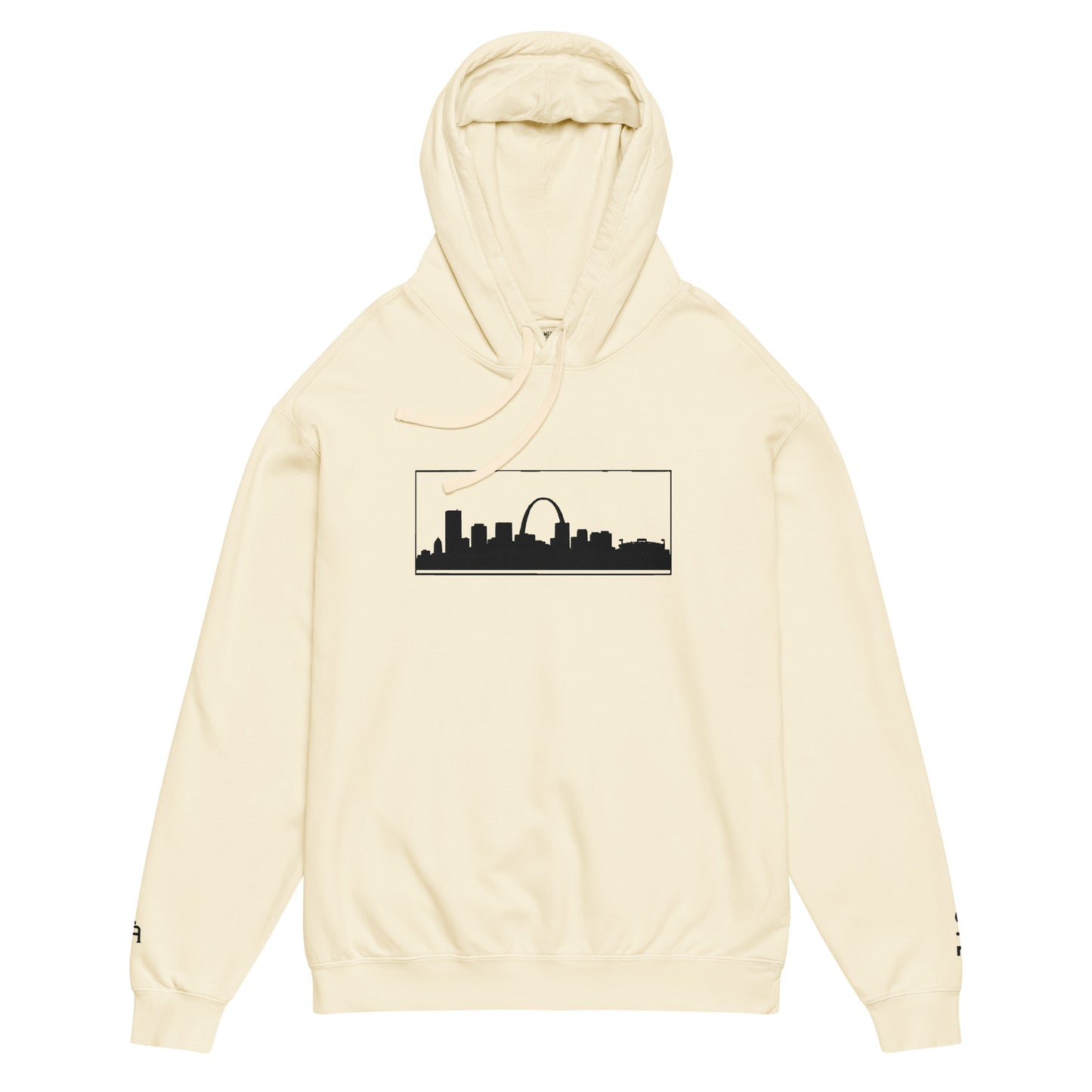 Ivory St. Louis Edition lightweight garment-dyed hoodie featuring St. Louis skyline, Gateway Arch, and STL wrist branding | Our City | An Athlete Trains