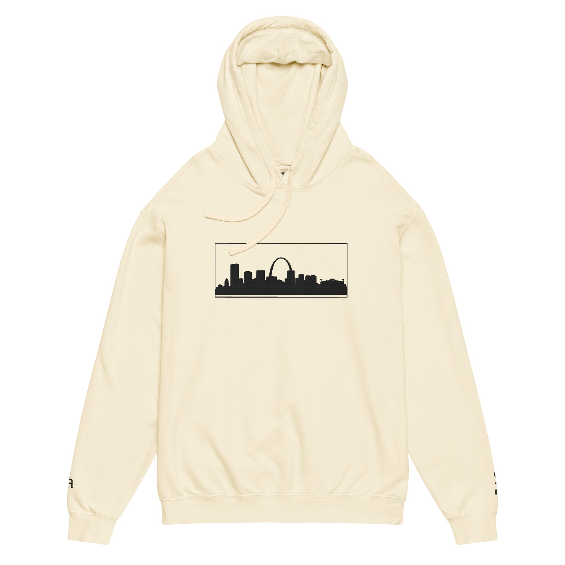 Ivory St. Louis Edition lightweight garment-dyed hoodie featuring St. Louis skyline, Gateway Arch, and STL wrist branding | Our City | An Athlete Trains
