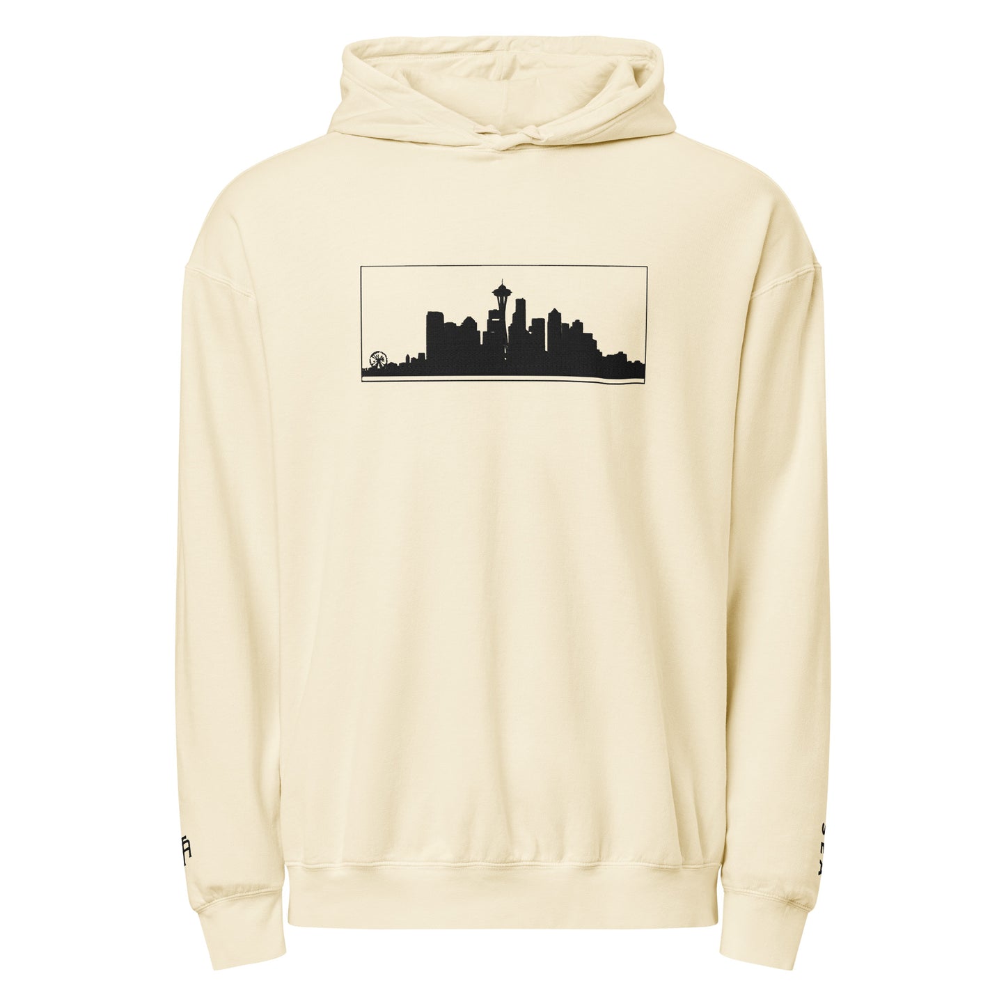 Ivory Seattle Edition lightweight garment-dyed hoodie featuring Seattle skyline, Space Needle, and SEA wrist embroidery | Our City | An Athlete Trains