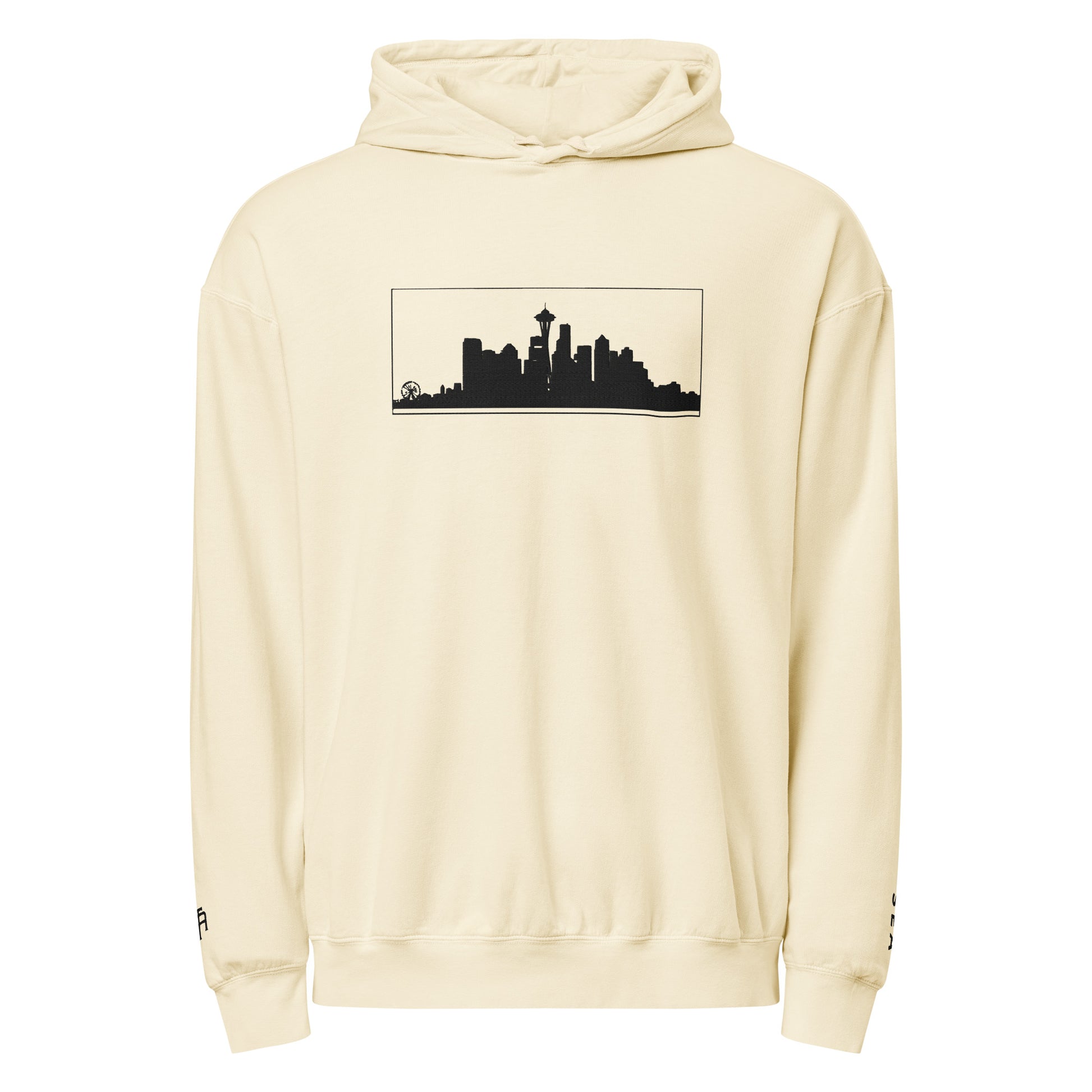 Ivory Seattle Edition lightweight garment-dyed hoodie featuring Seattle skyline, Space Needle, and SEA wrist embroidery | Our City | An Athlete Trains