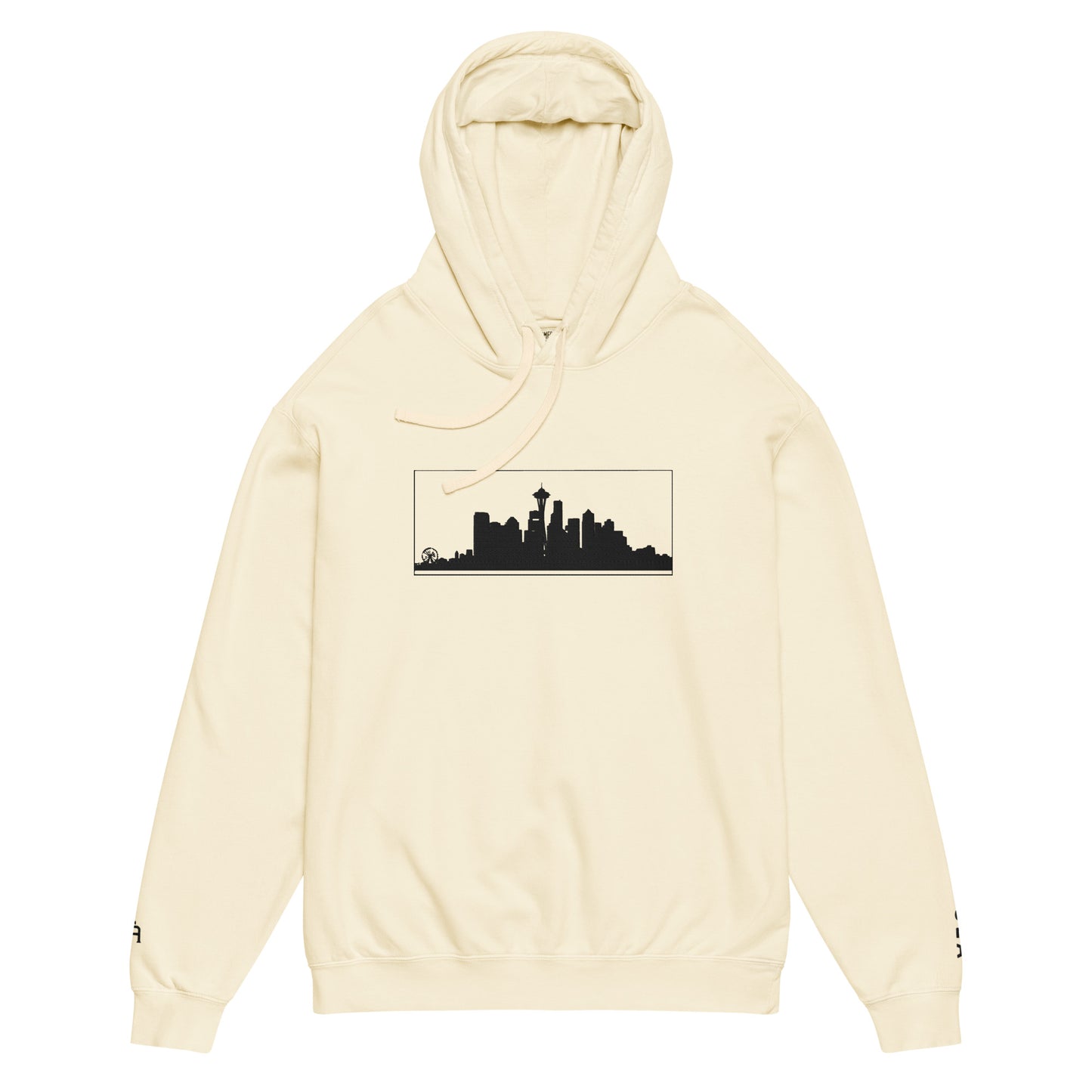 Ivory Seattle Edition lightweight garment-dyed hoodie featuring Seattle skyline, Space Needle, and SEA wrist embroidery | Our City | An Athlete Trains