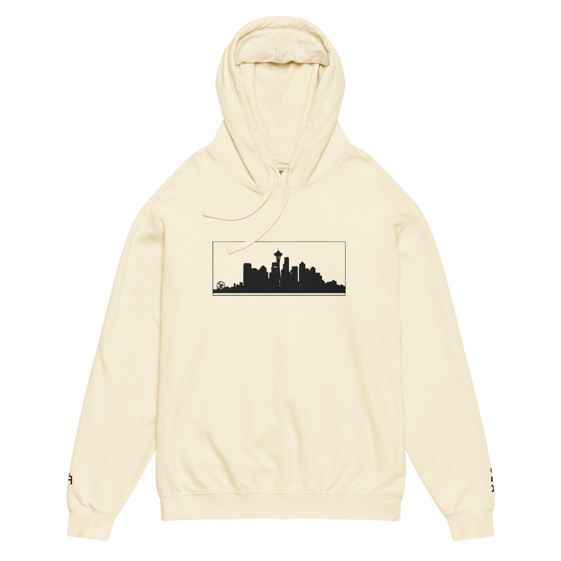 Ivory Seattle Edition lightweight garment-dyed hoodie featuring Seattle skyline, Space Needle, and SEA wrist embroidery | Our City | An Athlete Trains
