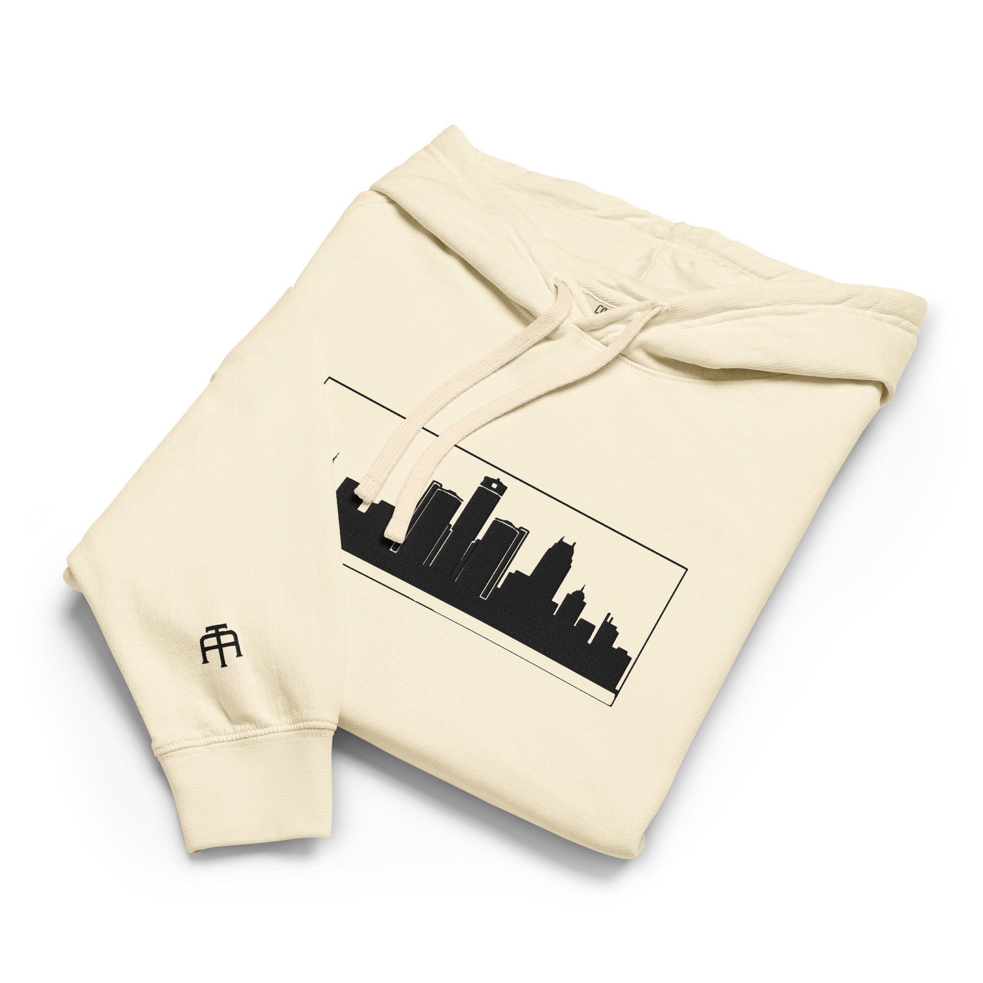 Ivory Detroit Edition garment-dyed lightweight hoodie with embroidered Detroit skyline and DET wrist detail | Out City | An Athlete Trains