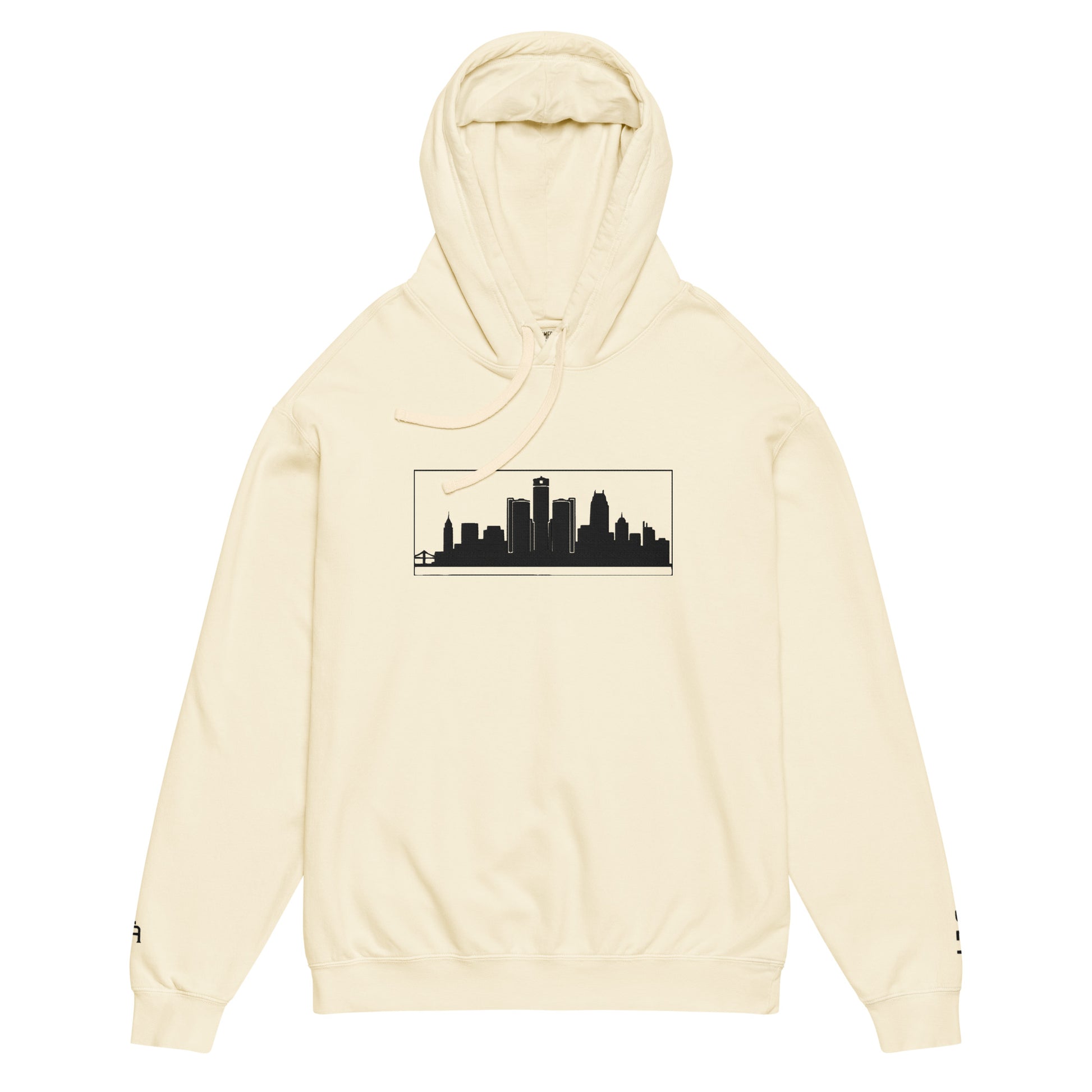 Ivory Detroit Edition garment-dyed lightweight hoodie with embroidered Detroit skyline and DET wrist detail | Out City | An Athlete Trains