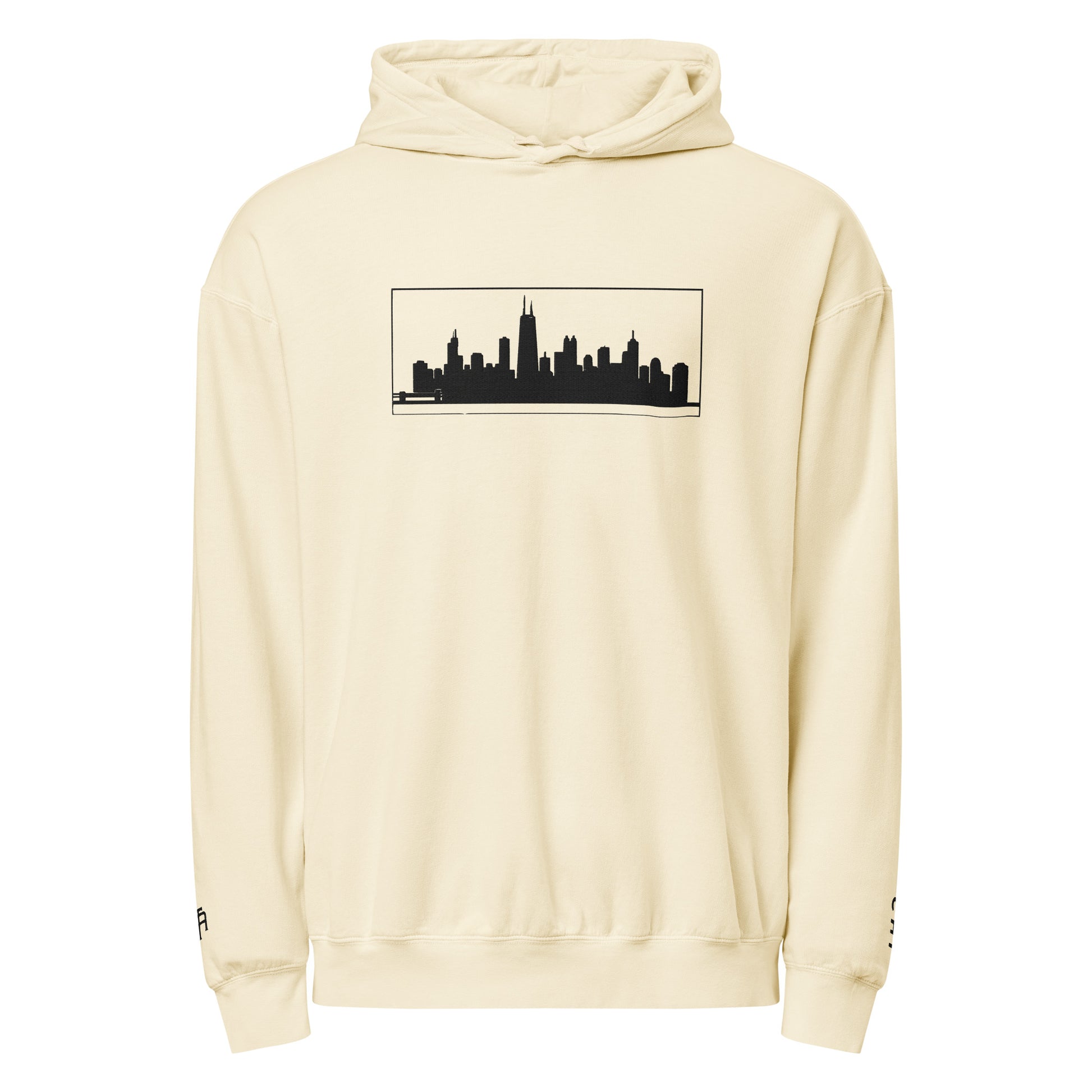 Ivory color Chicago Edition lightweight garment-dyed hoodie featuring embroidered Chicago skyline and CHI wrist branding | Our City | An Athlete Trains