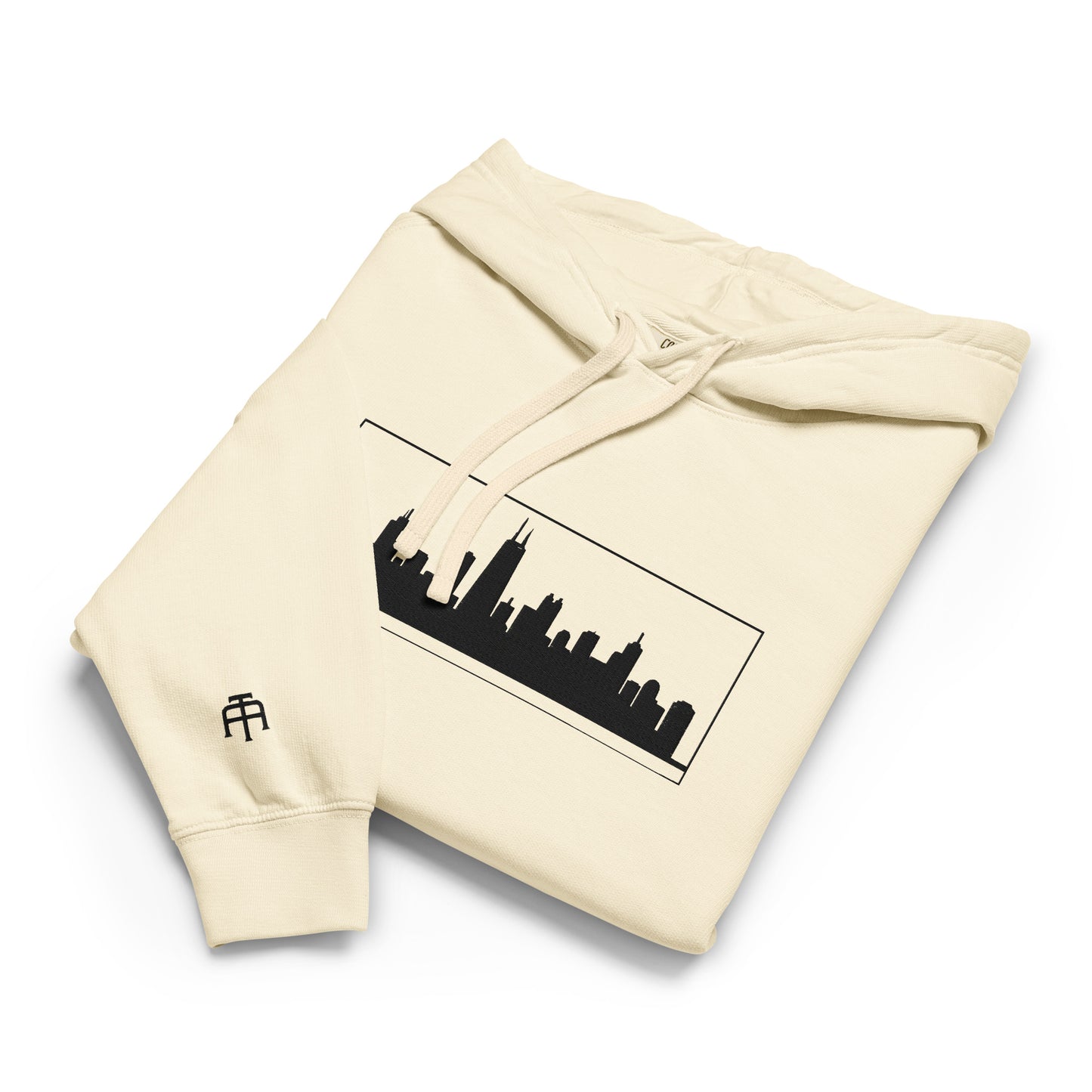 Ivory color Chicago Edition lightweight garment-dyed hoodie featuring embroidered Chicago skyline and CHI wrist branding | Our City | An Athlete Trains