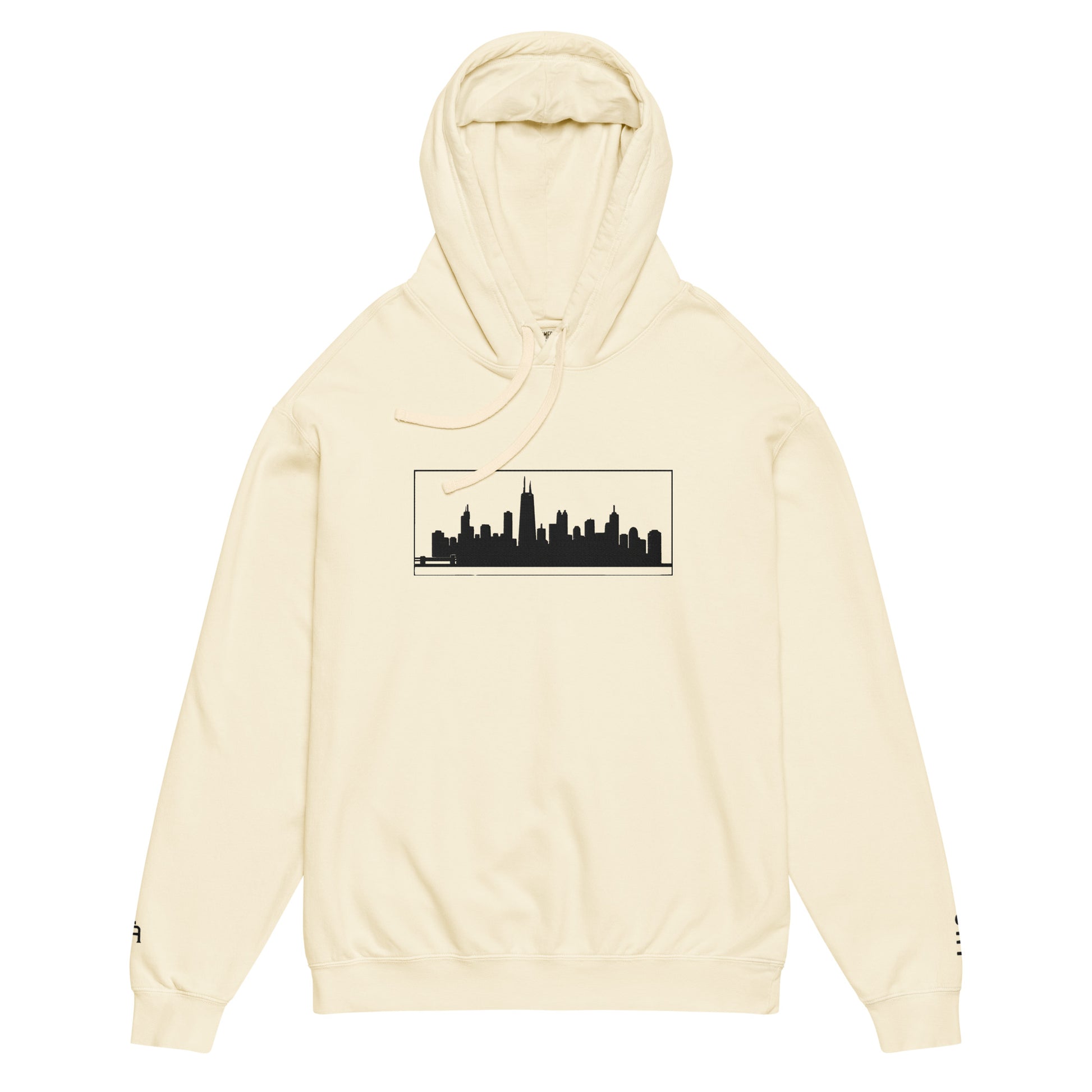 Ivory color Chicago Edition lightweight garment-dyed hoodie featuring embroidered Chicago skyline and CHI wrist branding | Our City | An Athlete Trains