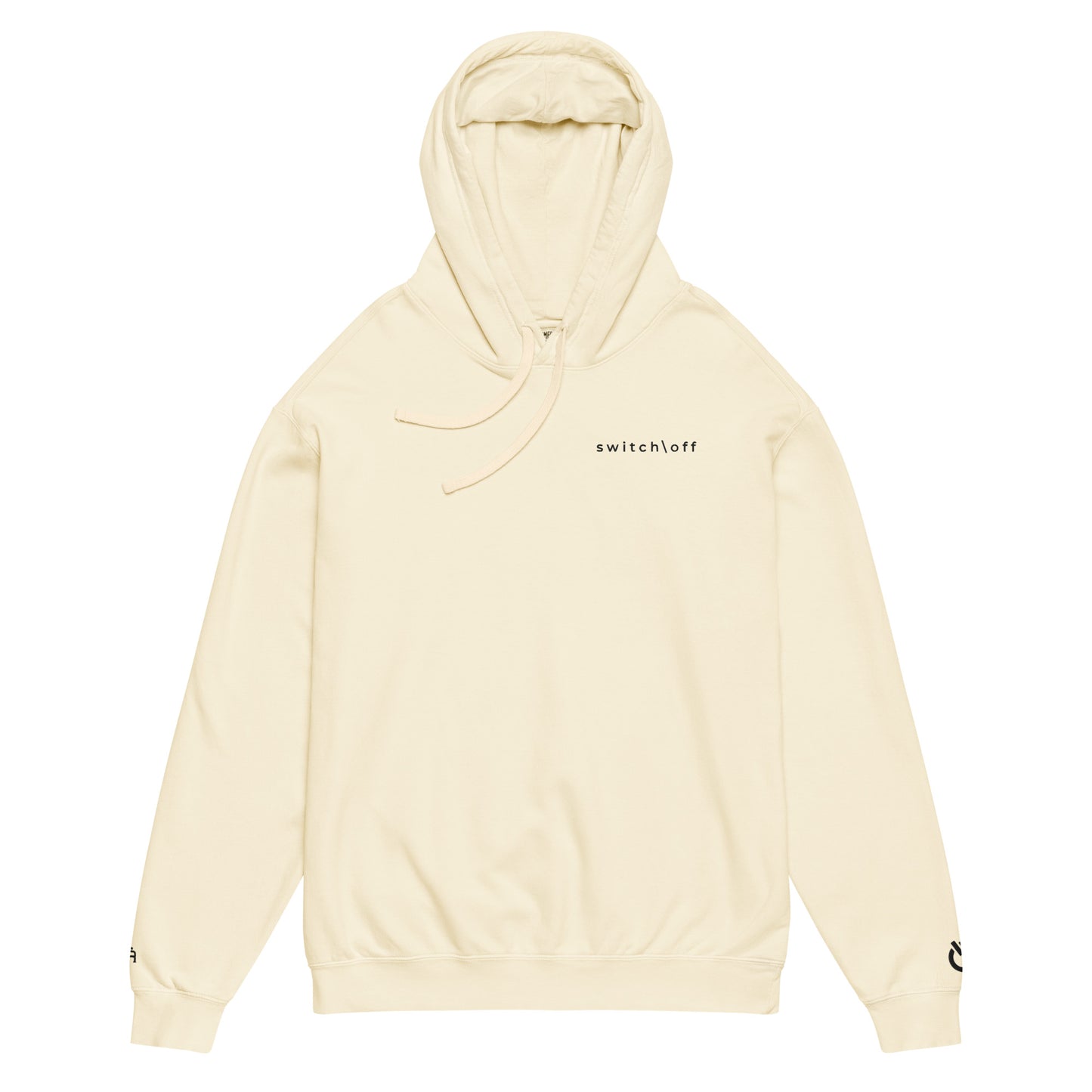 Vintage-style lightweight fleece hoodie in ivory with black switch\off embroidery - An Athlete Trains. Flat drawstrings. Front view