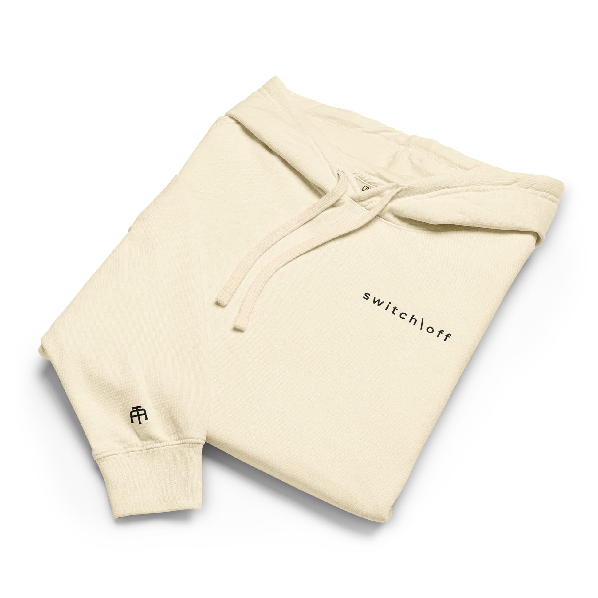 Vintage-style lightweight fleece hoodie in ivory with black switch\off embroidery - An Athlete Trains. Flat drawstrings. Front view