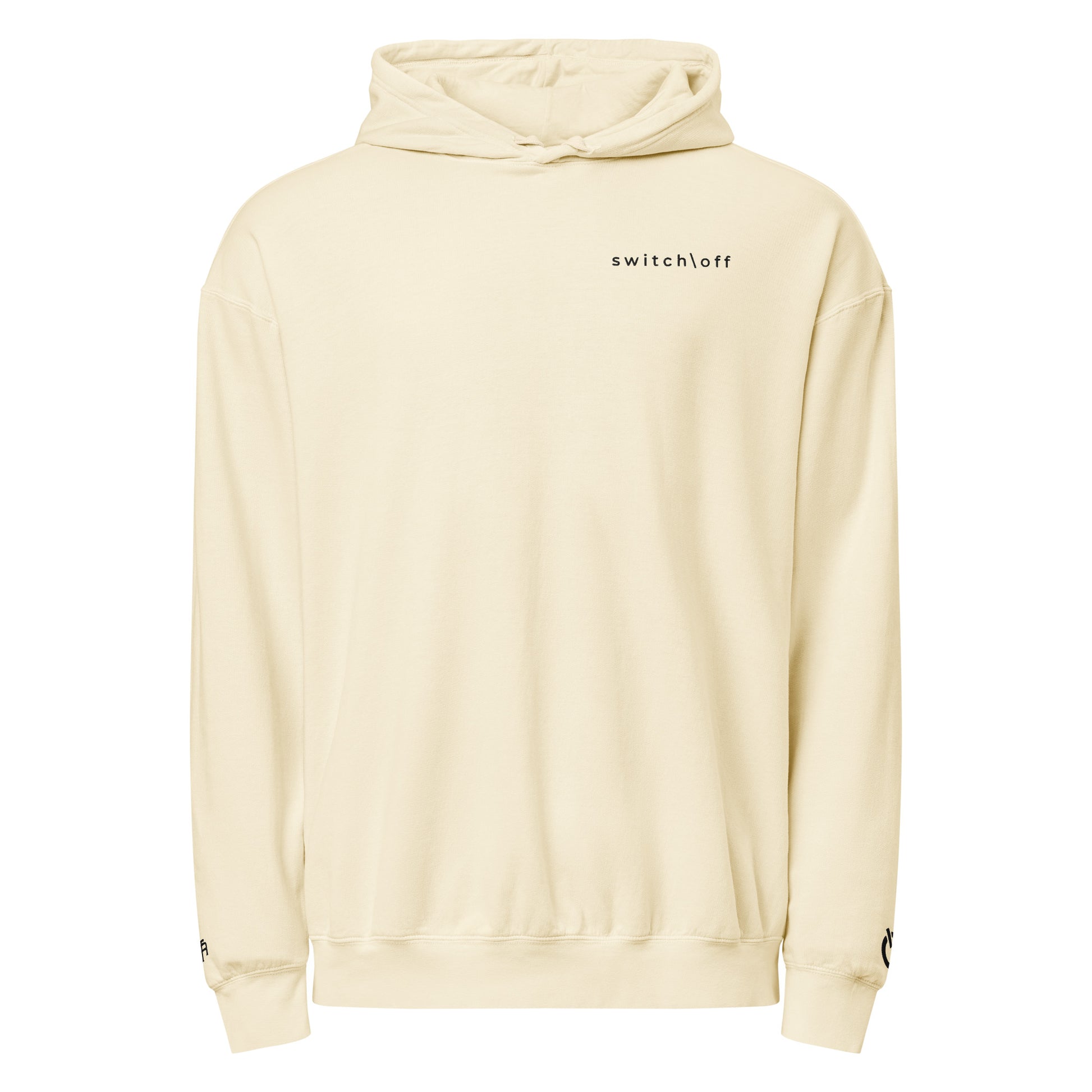 Vintage-style lightweight fleece hoodie in ivory with black switch\off embroidery - An Athlete Trains. Front view