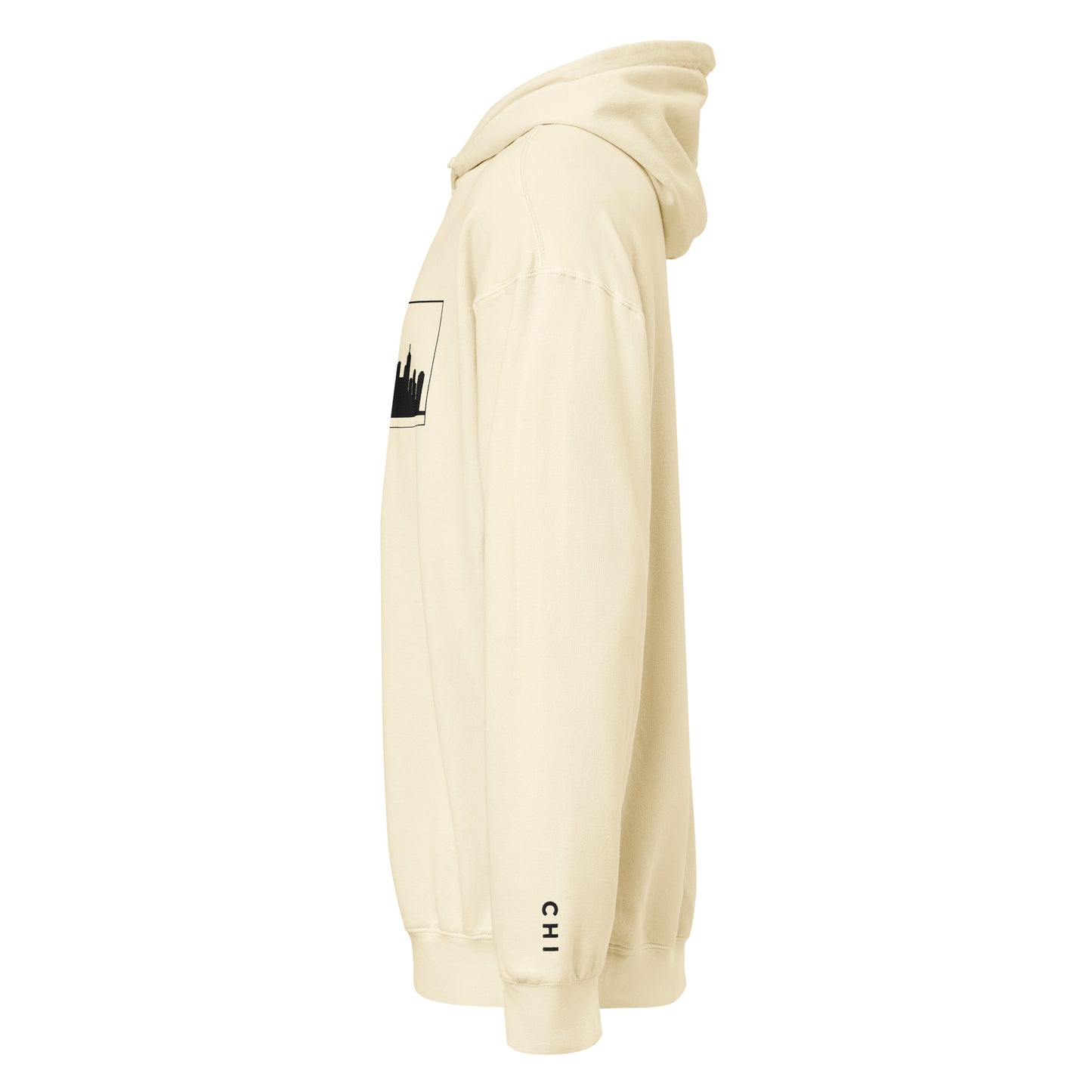 Ivory color Chicago Edition lightweight garment-dyed hoodie featuring embroidered Chicago skyline and CHI wrist branding | Our City | An Athlete Trains