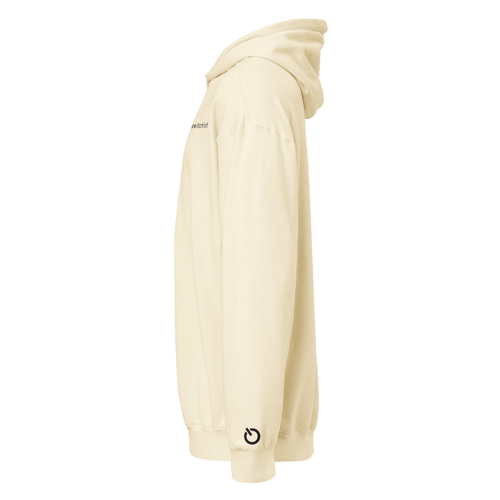 Vintage-style lightweight fleece hoodie in ivory with black switch\off and logo embroidery - An Athlete Trains. Left side view