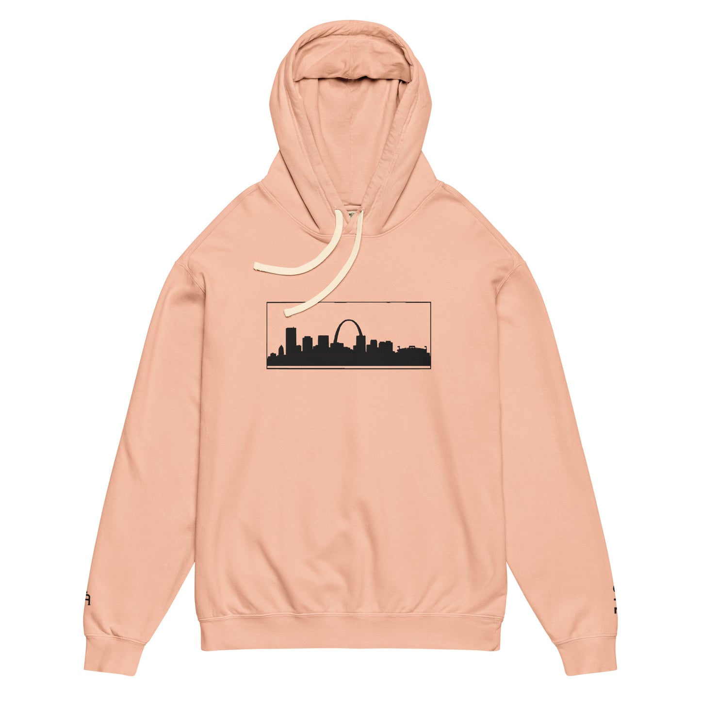 Peachy color St. Louis Edition lightweight garment-dyed hoodie featuring St. Louis skyline, Gateway Arch, and STL wrist branding | Our City | An Athlete Trains