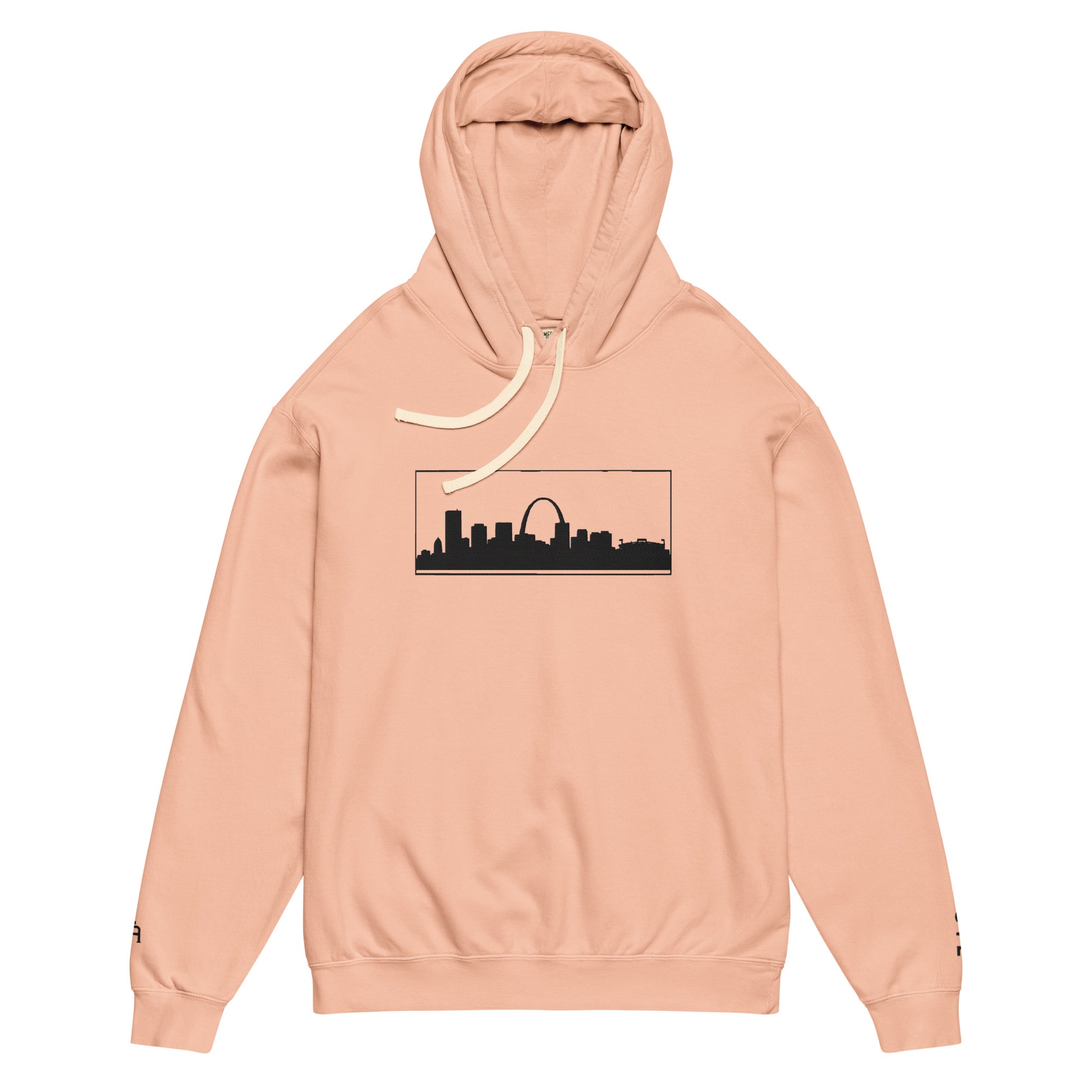 Peachy color St. Louis Edition lightweight garment-dyed hoodie featuring St. Louis skyline, Gateway Arch, and STL wrist branding | Our City | An Athlete Trains
