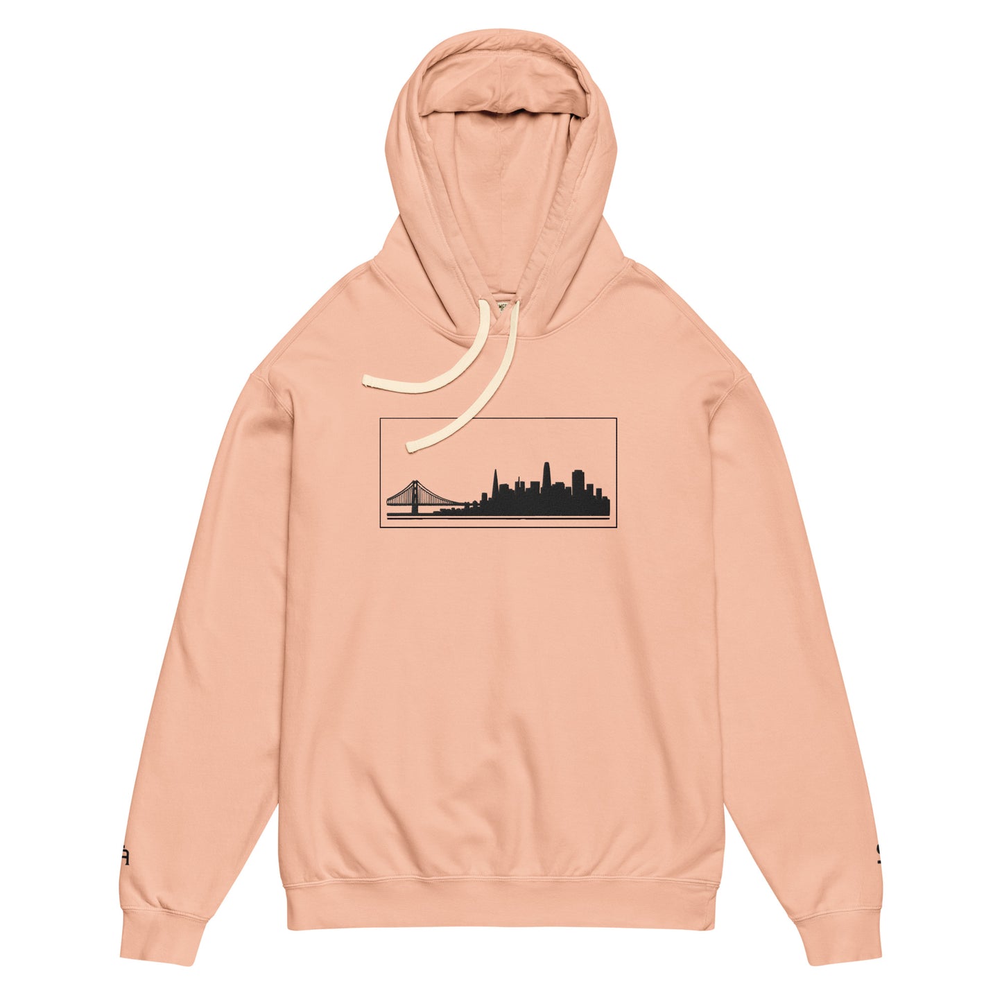 Peachy color San Francisco Edition garment-dyed lightweight hoodie with SF skyline, Golden Gate Bridge, and SF wrist detail | Our City | An Athlete Trains