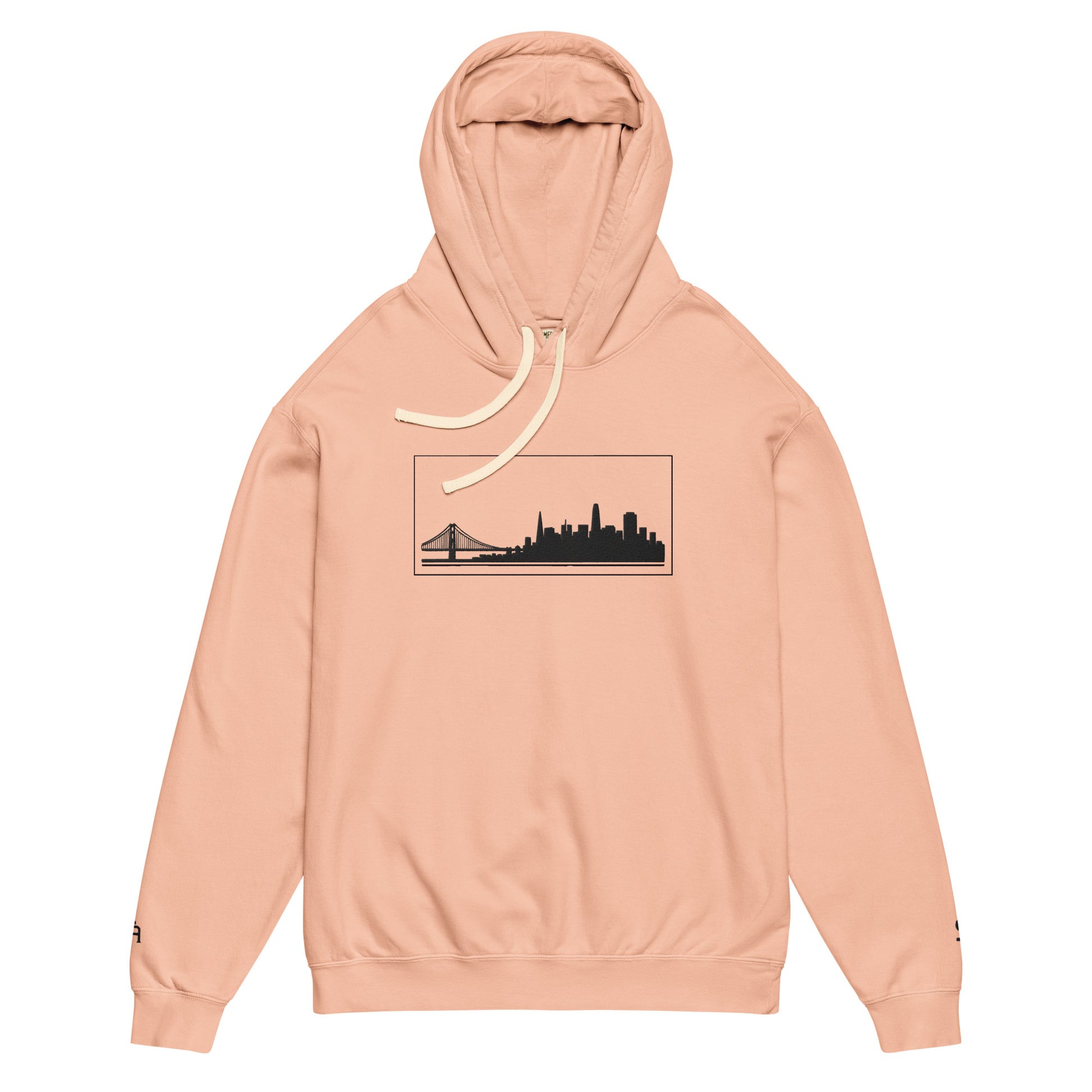 Peachy color San Francisco Edition garment-dyed lightweight hoodie with SF skyline, Golden Gate Bridge, and SF wrist detail | Our City | An Athlete Trains