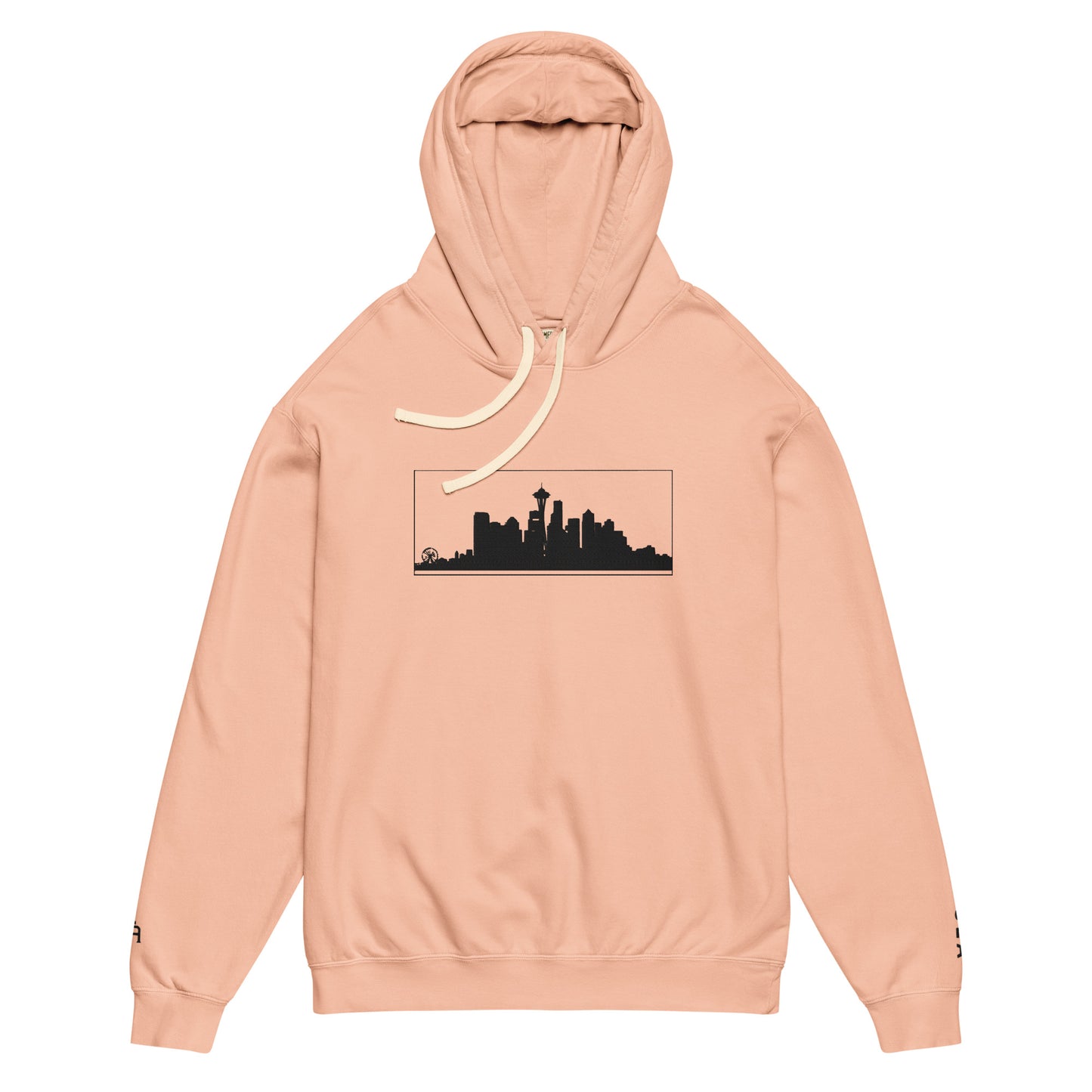 Peachy color Seattle Edition lightweight garment-dyed hoodie featuring Seattle skyline, Space Needle, and SEA wrist embroidery | Our City | An Athlete Trains