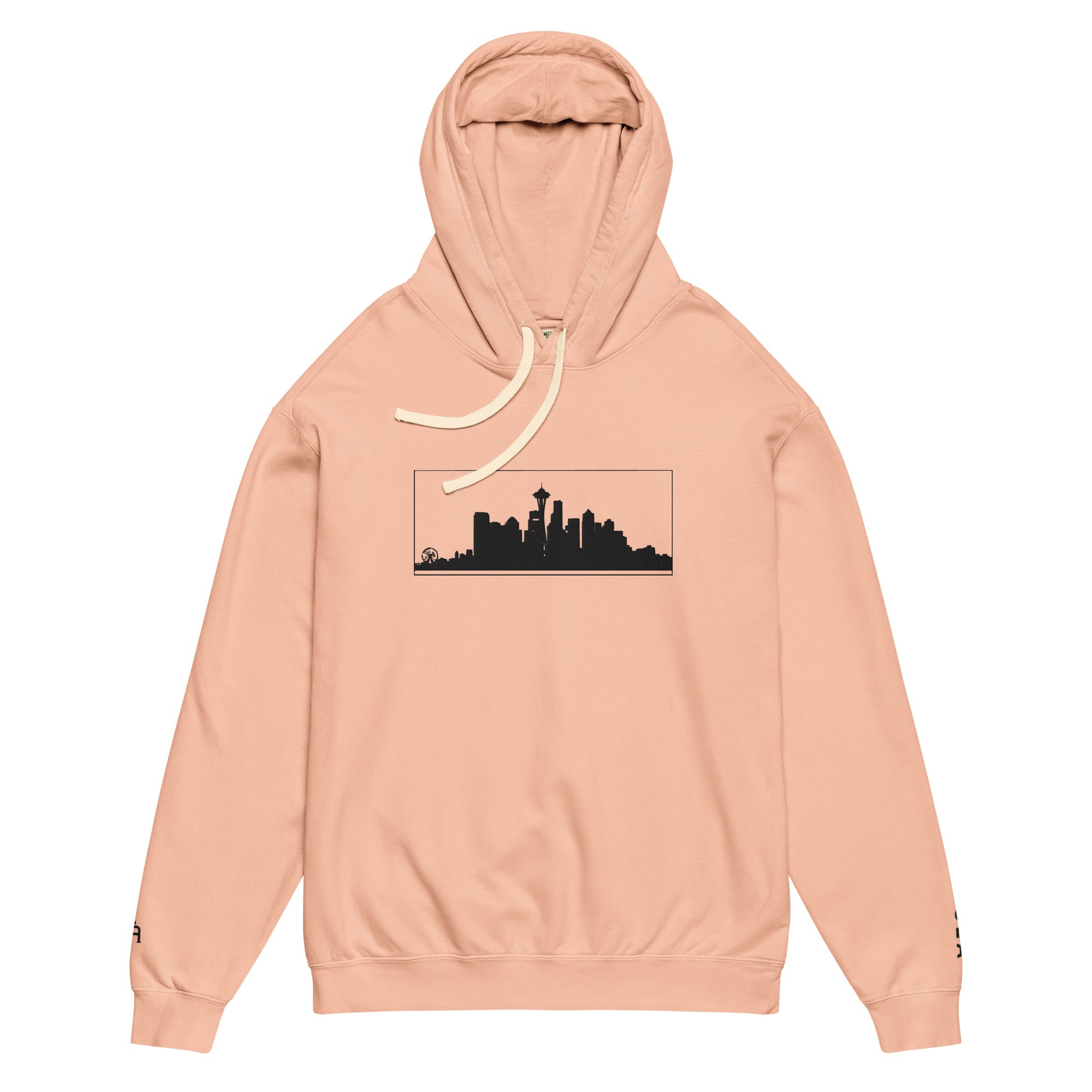 Peachy color Seattle Edition lightweight garment-dyed hoodie featuring Seattle skyline, Space Needle, and SEA wrist embroidery | Our City | An Athlete Trains
