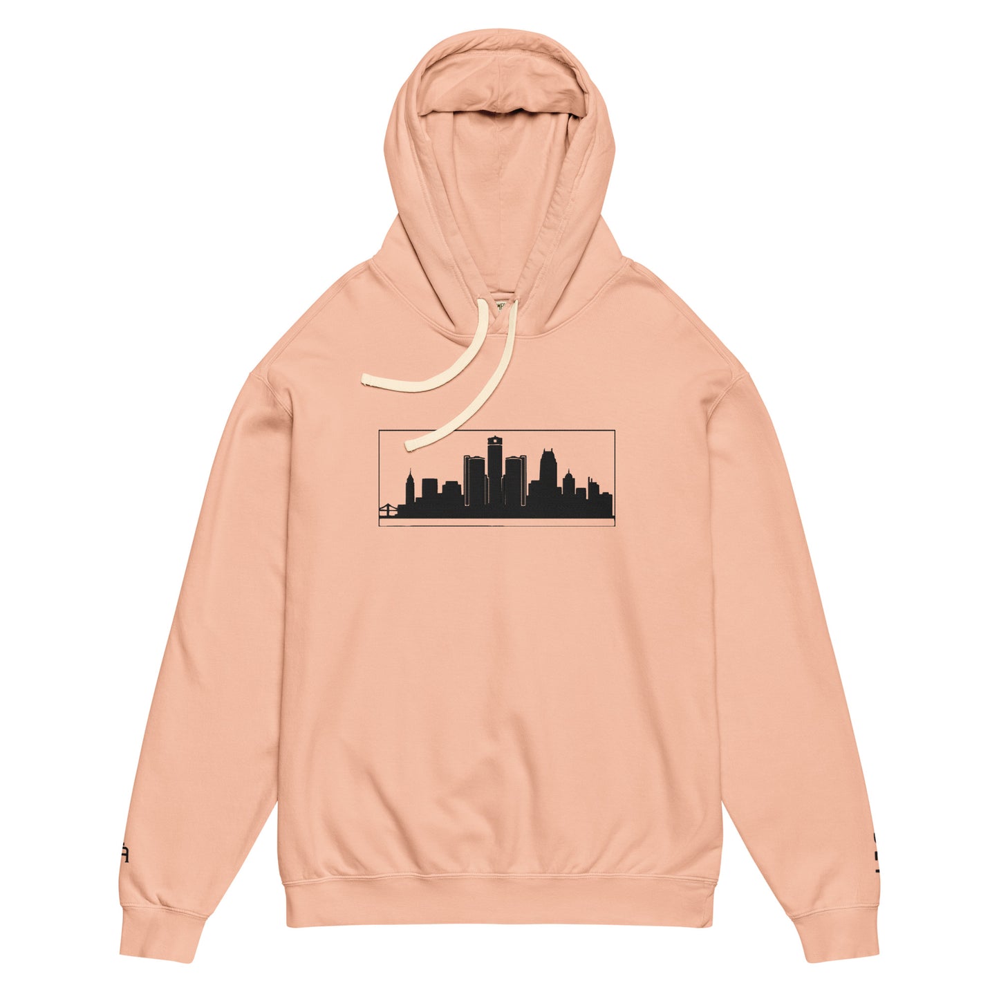 Peachy color Detroit Edition garment-dyed lightweight hoodie with embroidered Detroit skyline and DET wrist detail | Out City | An Athlete Trains