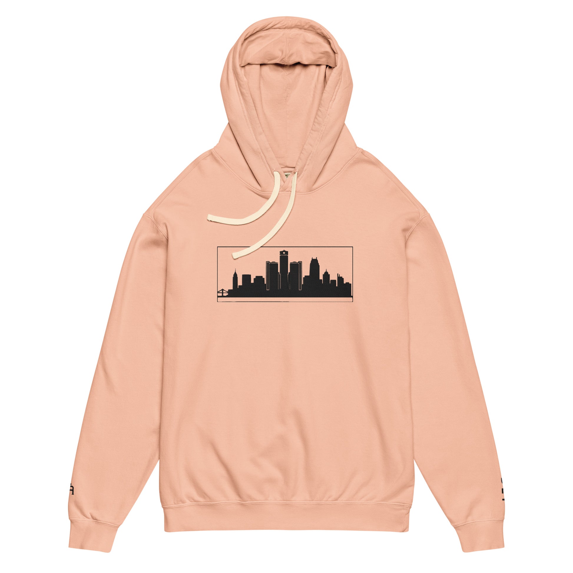 Peachy color Detroit Edition garment-dyed lightweight hoodie with embroidered Detroit skyline and DET wrist detail | Out City | An Athlete Trains