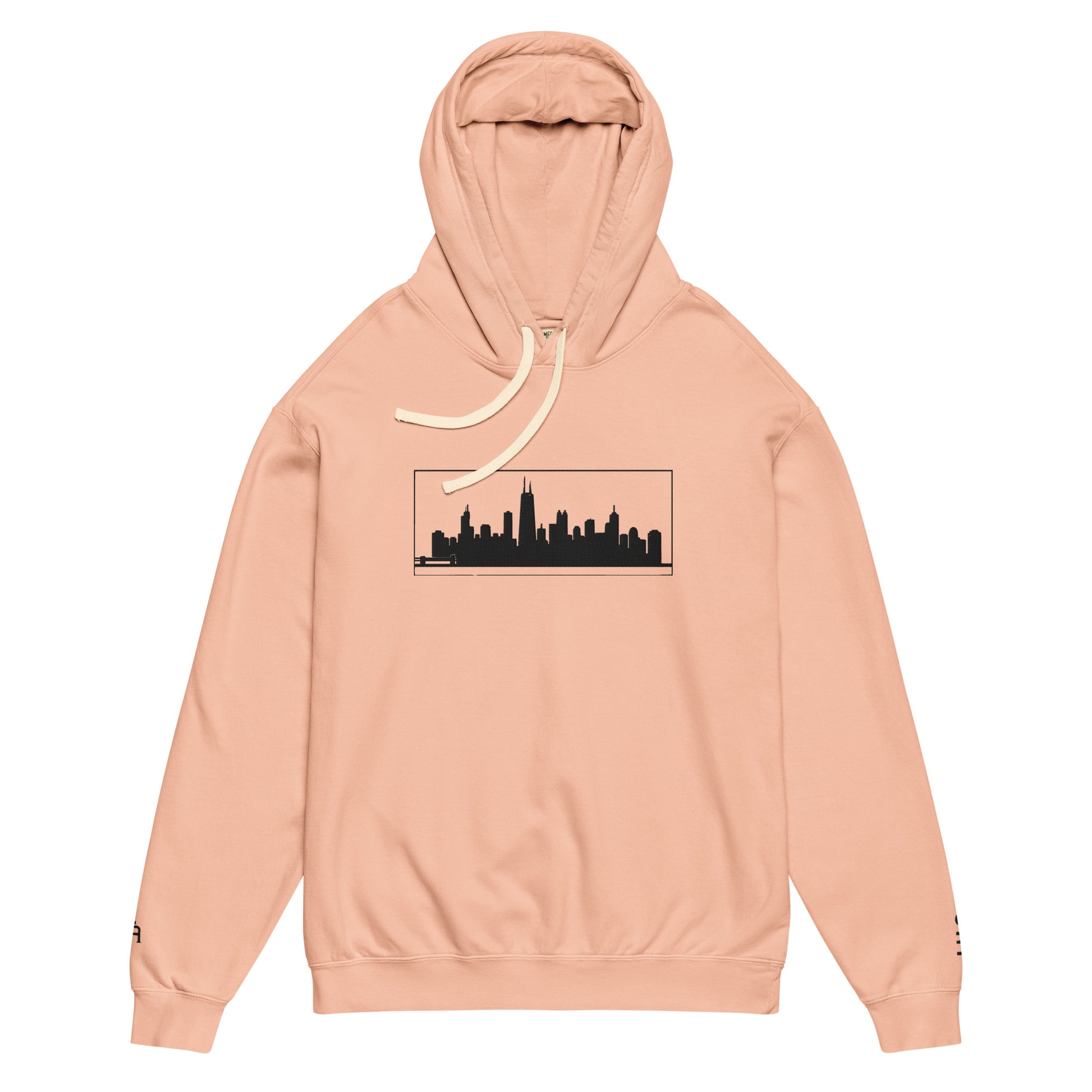 Peachy color Chicago Edition lightweight garment-dyed hoodie featuring embroidered Chicago skyline and CHI wrist branding | Our City | An Athlete Trains