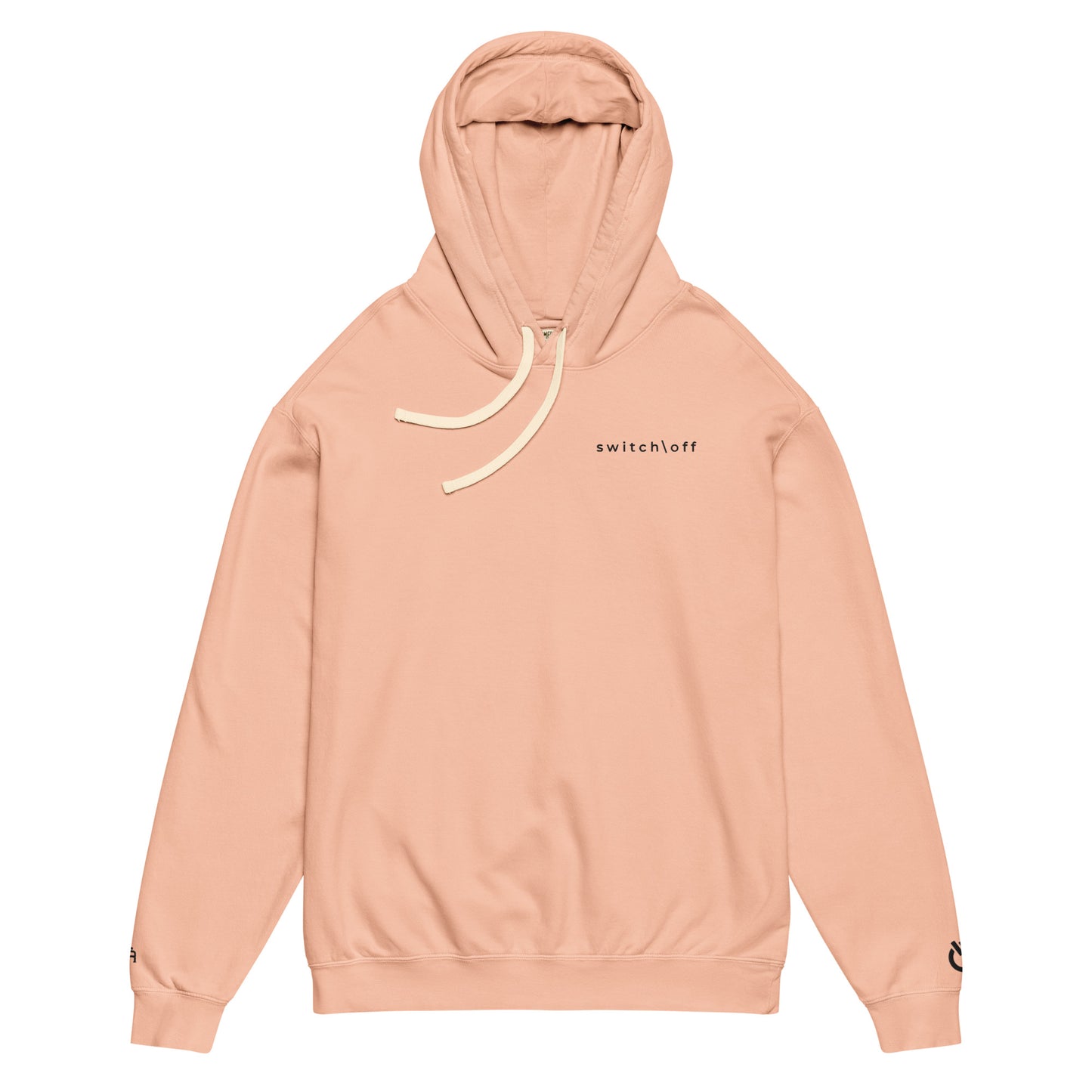 Vintage-style lightweight fleece hoodie in peachy with black switch\off embroidery - An Athlete Trains. Flat drawstrings. Front view