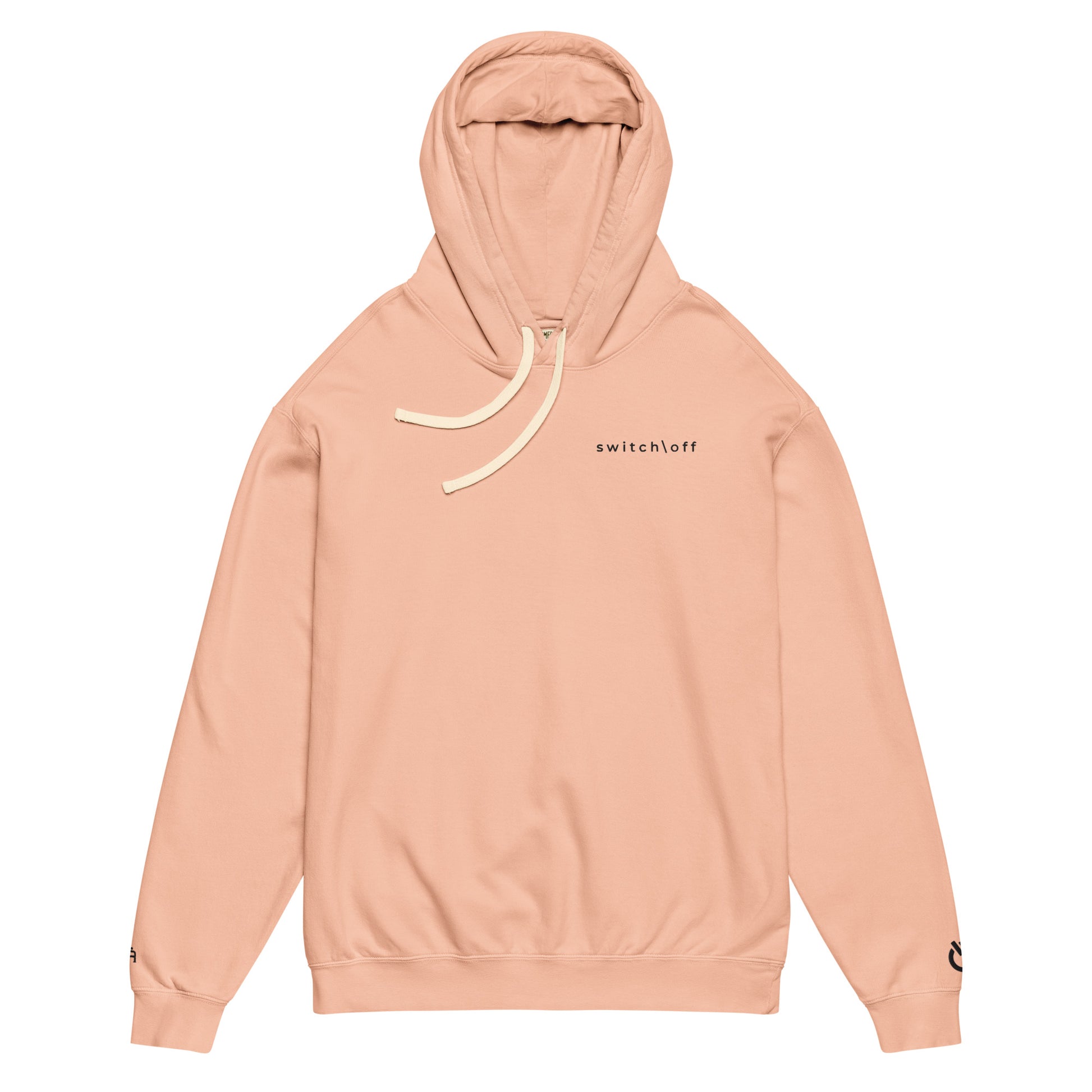 Vintage-style lightweight fleece hoodie in peachy with black switch\off embroidery - An Athlete Trains. Flat drawstrings. Front view