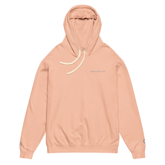 Vintage-style lightweight fleece hoodie in peachy with gray switch\off embroidery - An Athlete Trains. Flat drawstrings. Front view