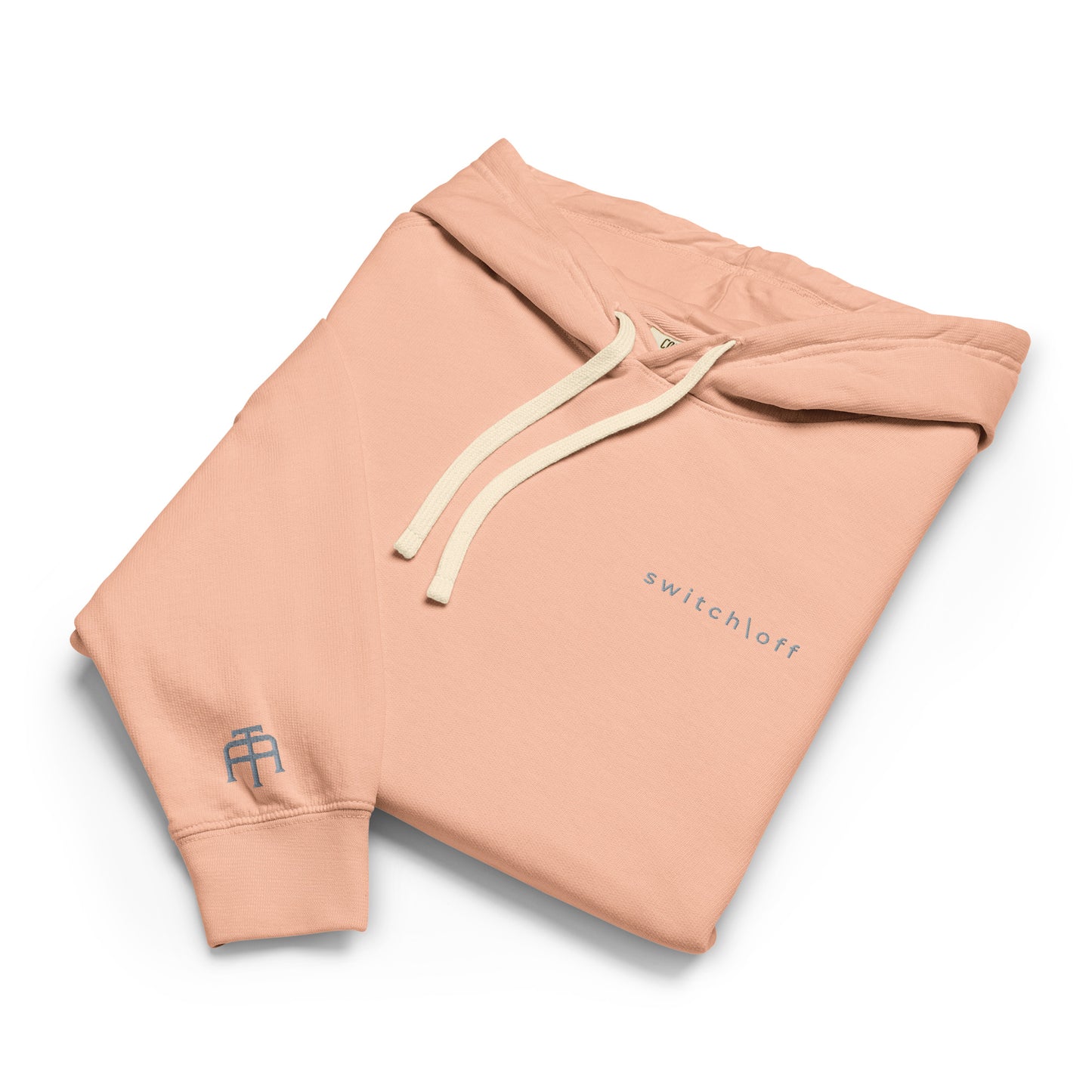 Vintage-style lightweight fleece hoodie in peachy with gray switch\off embroidery - An Athlete Trains. Flat drawstrings. Front view