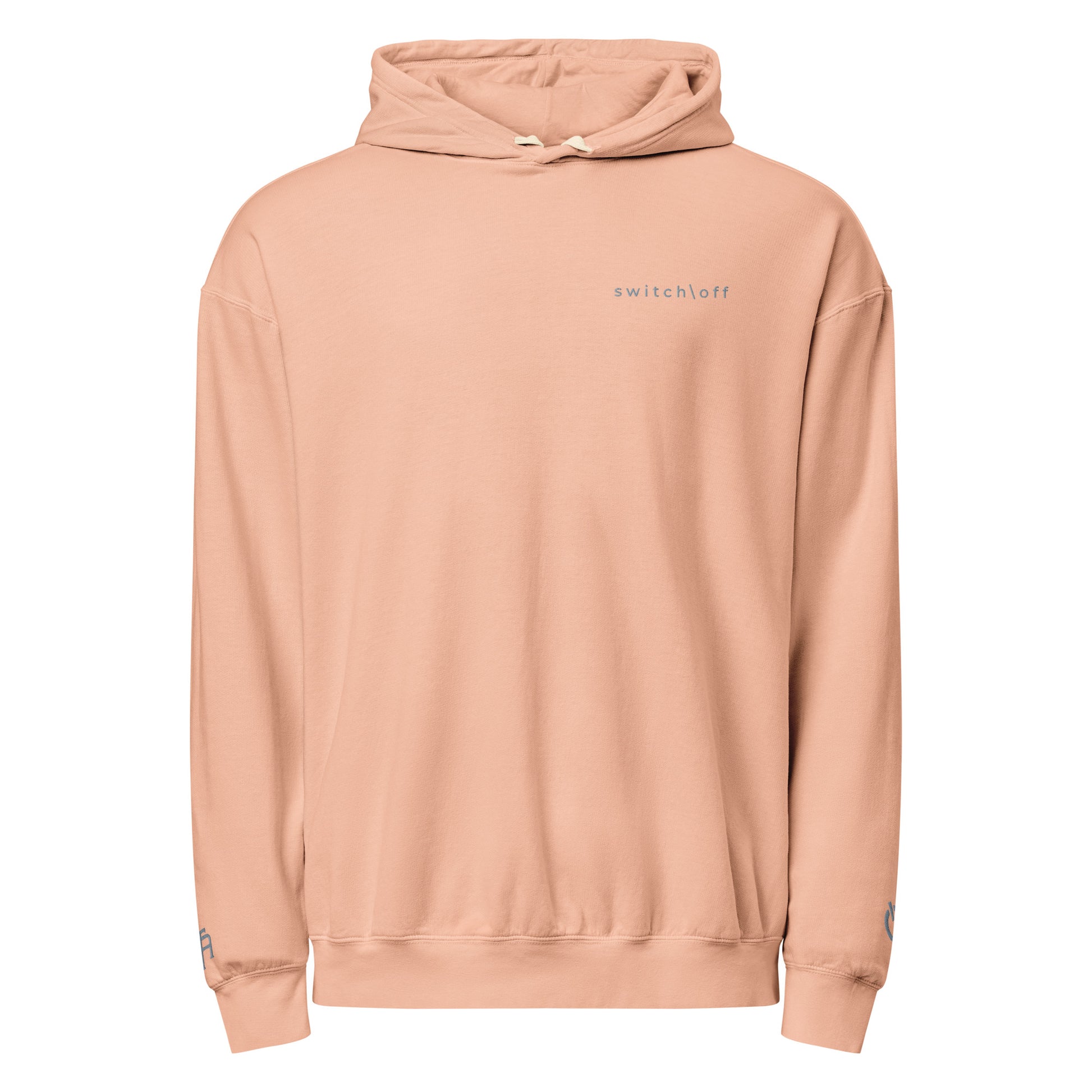 Vintage-style lightweight fleece hoodie in peachy with gray switch\off embroidery - An Athlete Trains. Flat drawstrings. Front view