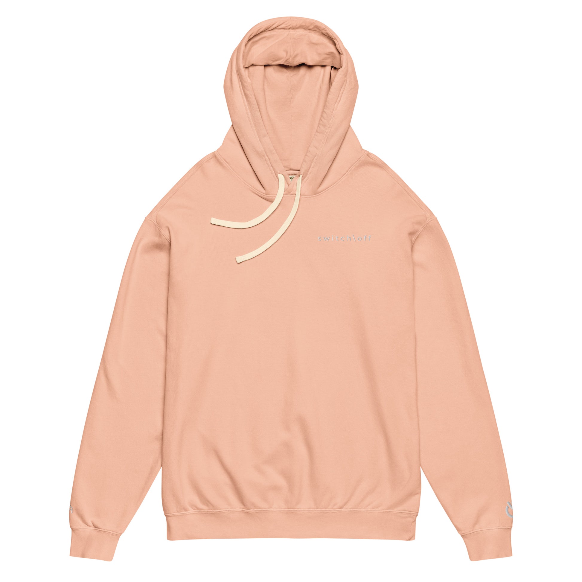 Vintage-style lightweight fleece hoodie in blue jean with white switch\off embroidery - An Athlete Trains. Flat drawstrings. Front view