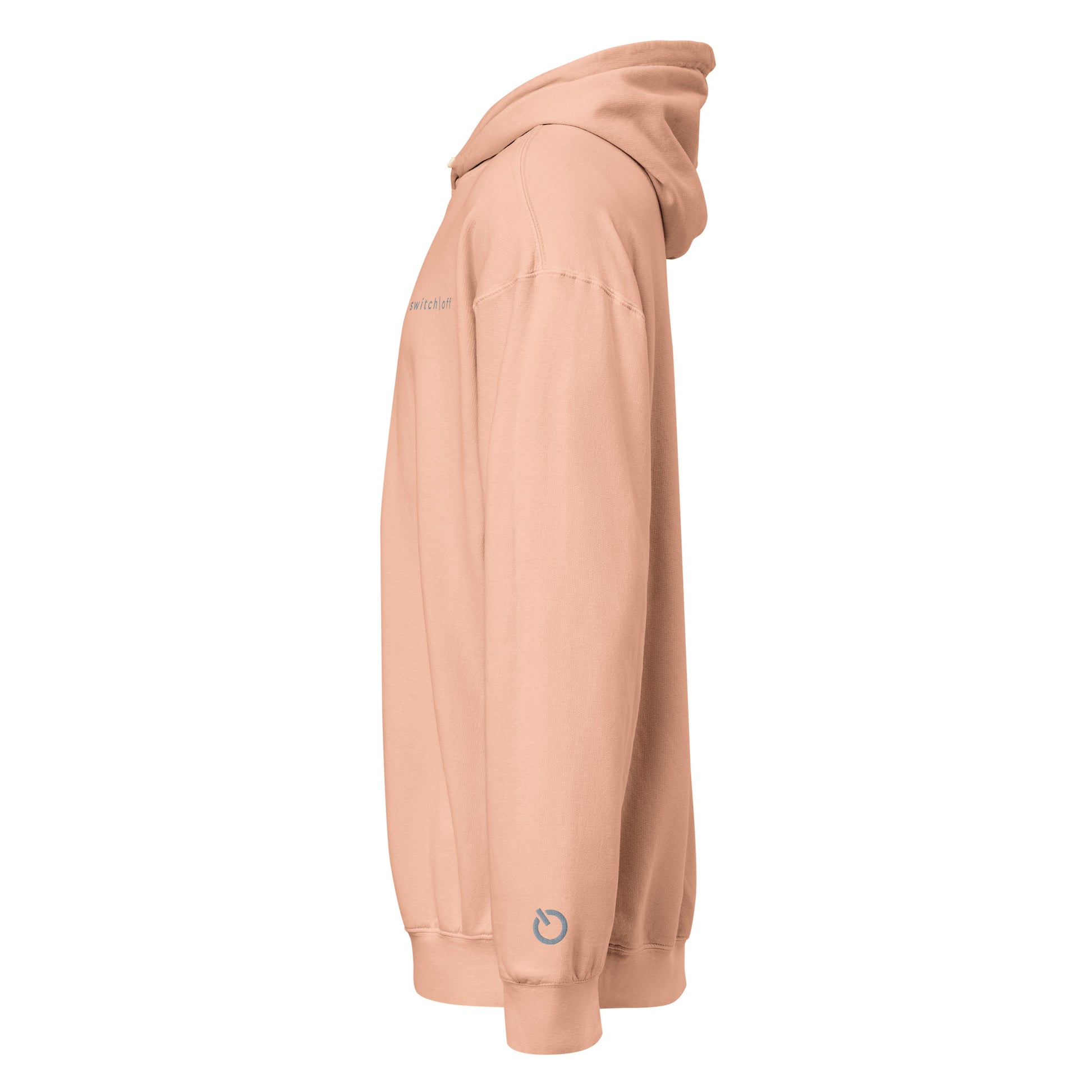 Vintage-style lightweight fleece hoodie in peachy with gray switch\off and logo embroidery - An Athlete Trains. Left side view