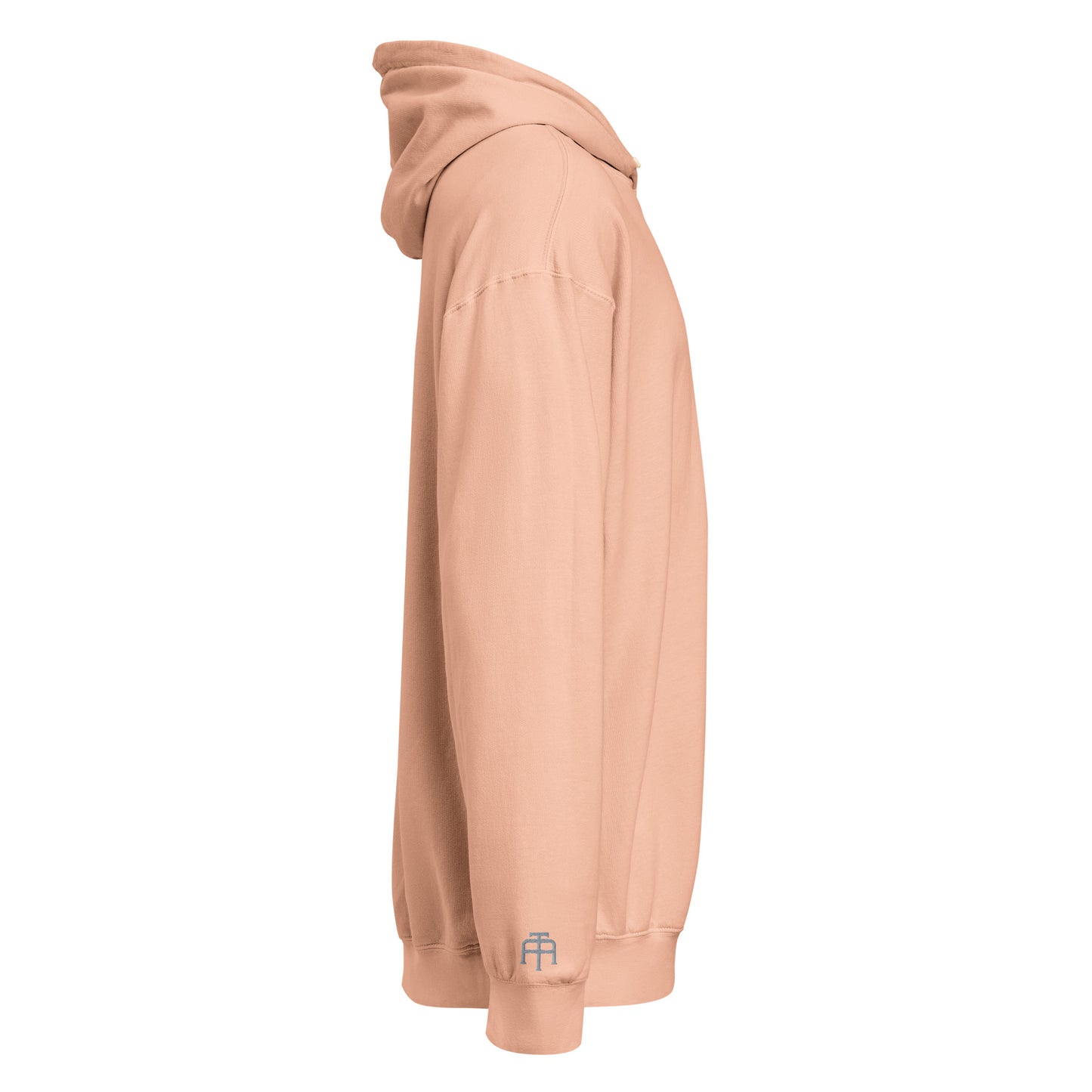 Vintage-style lightweight fleece hoodie in peachy with gray switch\off and logo embroidery - An Athlete Trains. Left side view