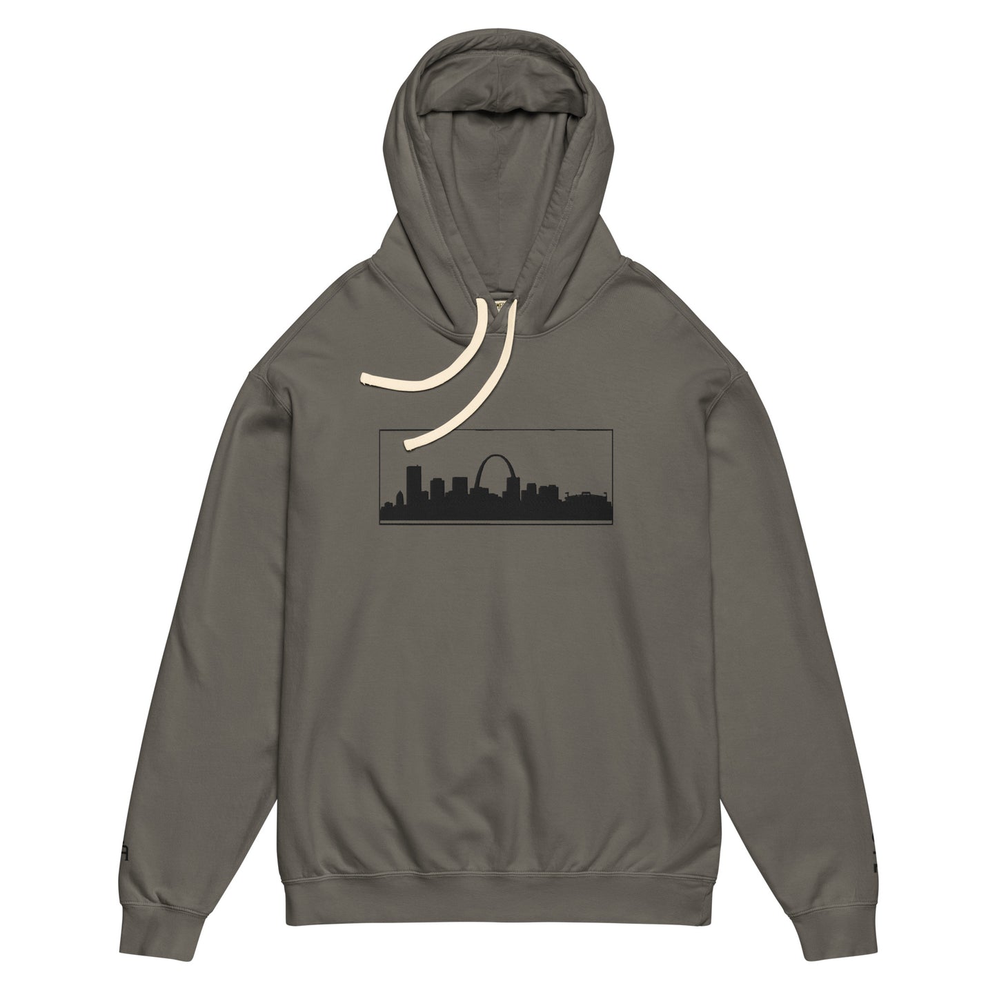 Pepper color St. Louis Edition lightweight garment-dyed hoodie featuring St. Louis skyline, Gateway Arch, and STL wrist branding | Our City | An Athlete Trains