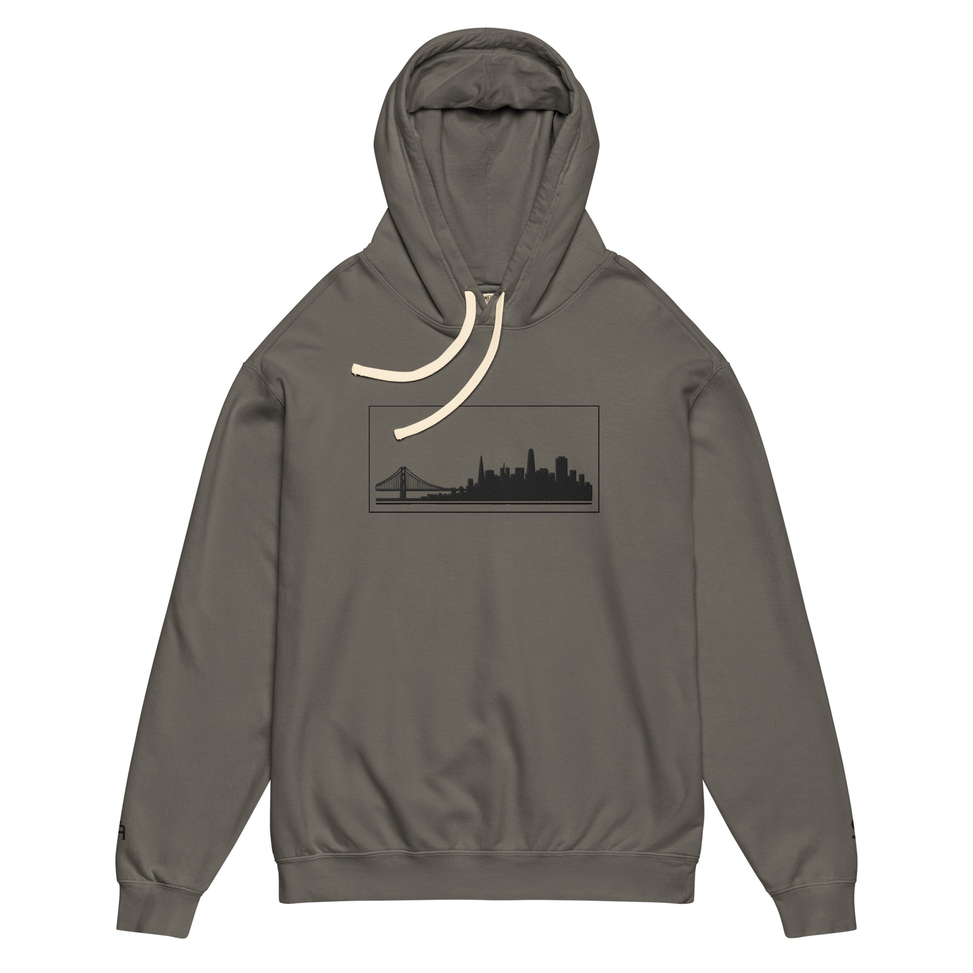 Pepper color San Francisco Edition garment-dyed lightweight hoodie with SF skyline, Golden Gate Bridge, and SF wrist detail | Our City | An Athlete Trains