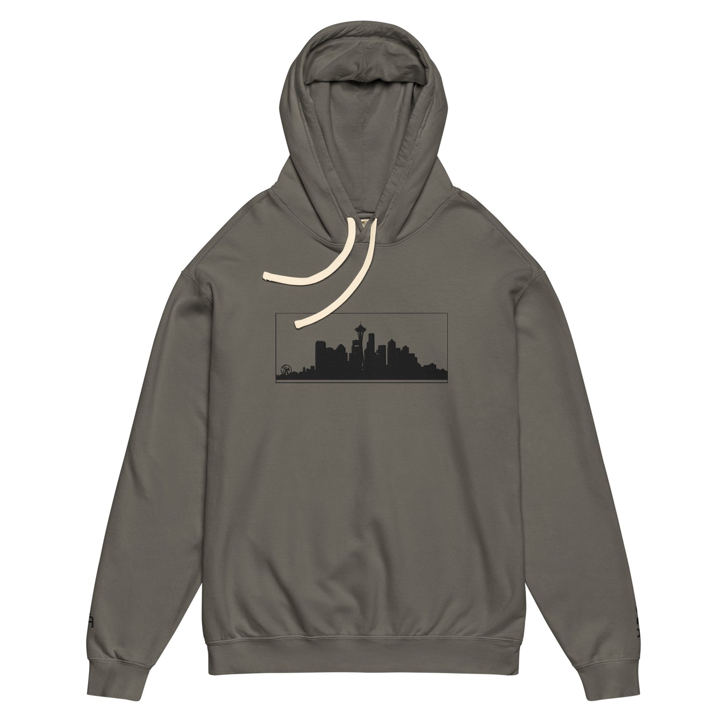 Pepper color Seattle Edition lightweight garment-dyed hoodie featuring Seattle skyline, Space Needle, and SEA wrist embroidery | Our City | An Athlete Trains