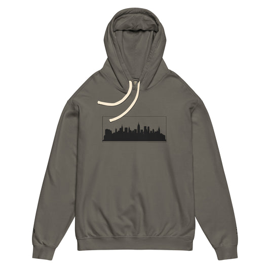 Pepper color New York Edition lightweight garment-dyed hoodie with NYC skyline embroidery and custom wrist detail | Our City | An Athlete Trains