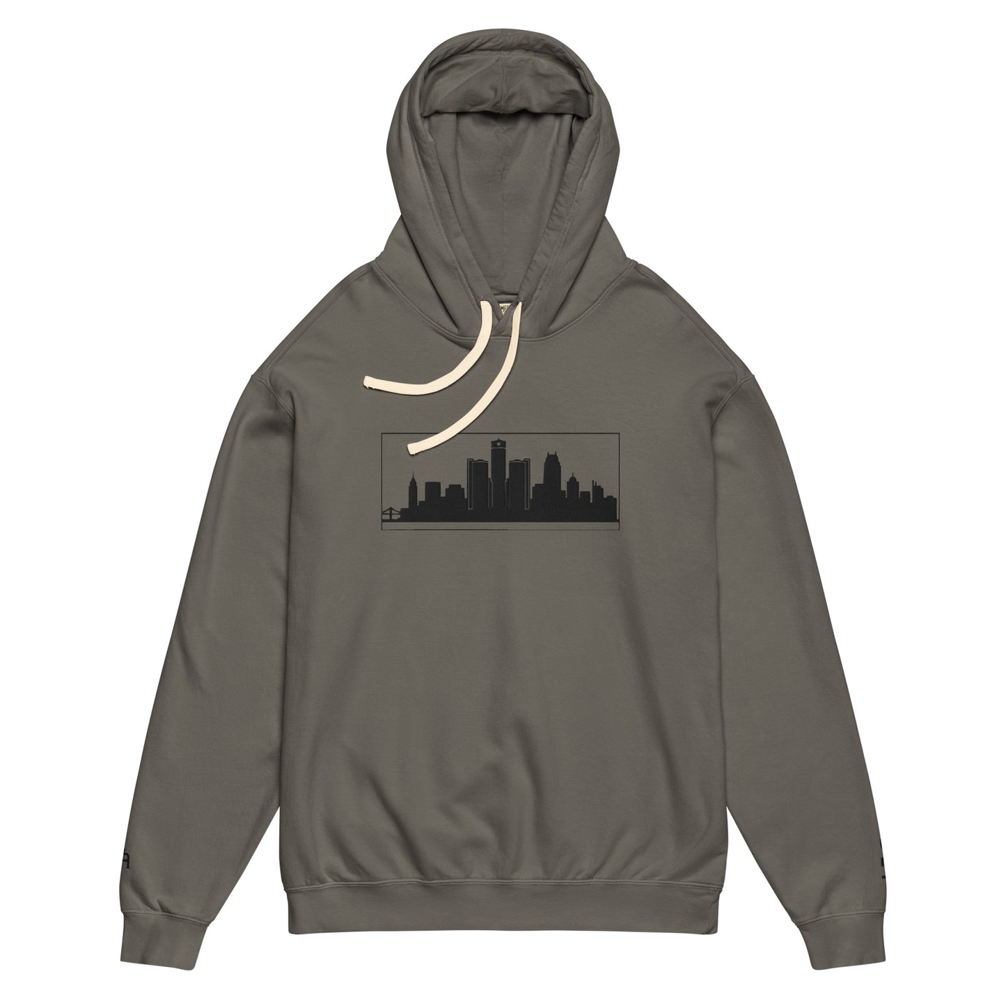 Pepper color Detroit Edition garment-dyed lightweight hoodie with embroidered Detroit skyline and DET wrist detail | Out City | An Athlete Trains