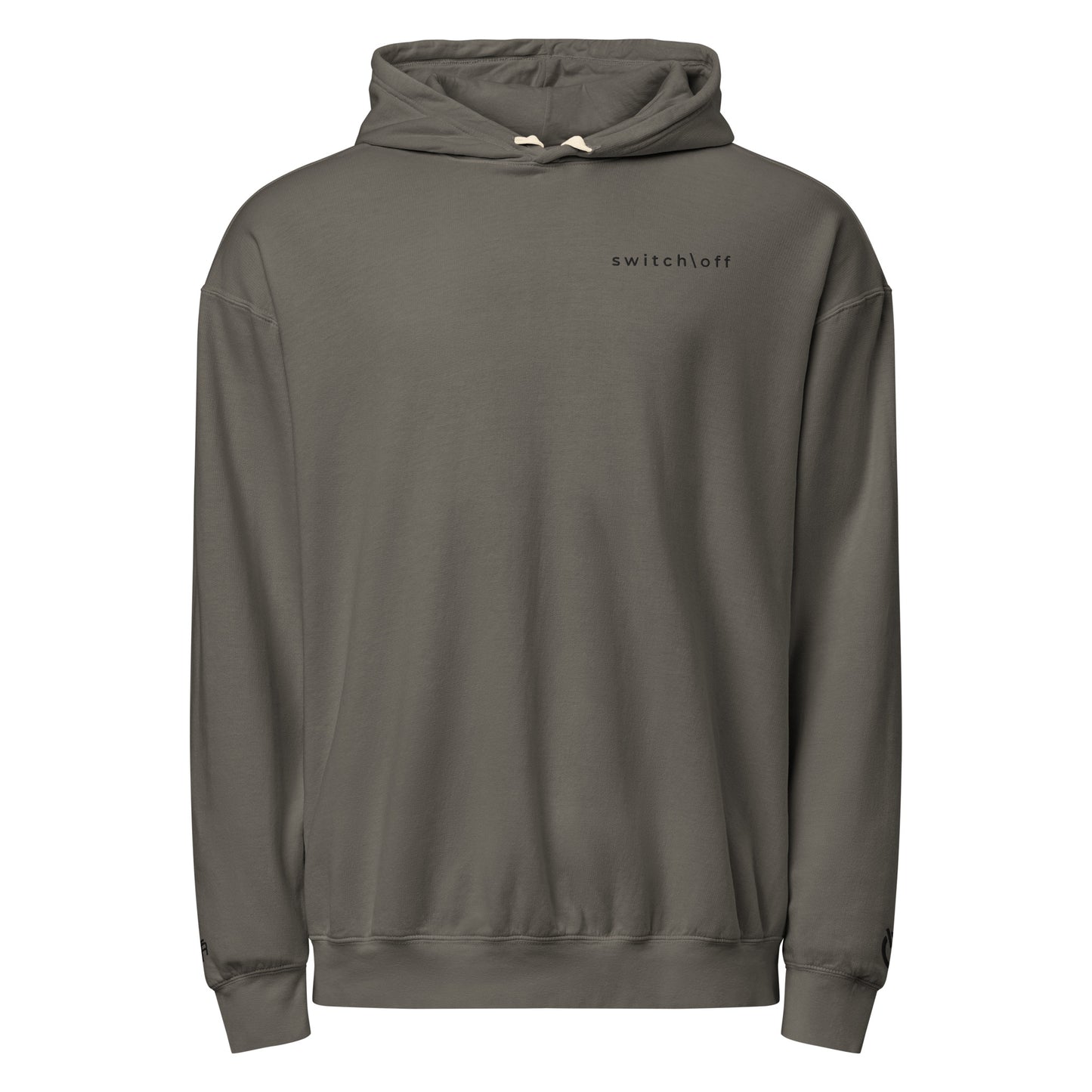 Vintage-style lightweight fleece hoodie in pepper with black switch\off embroidery - An Athlete Trains. Front view