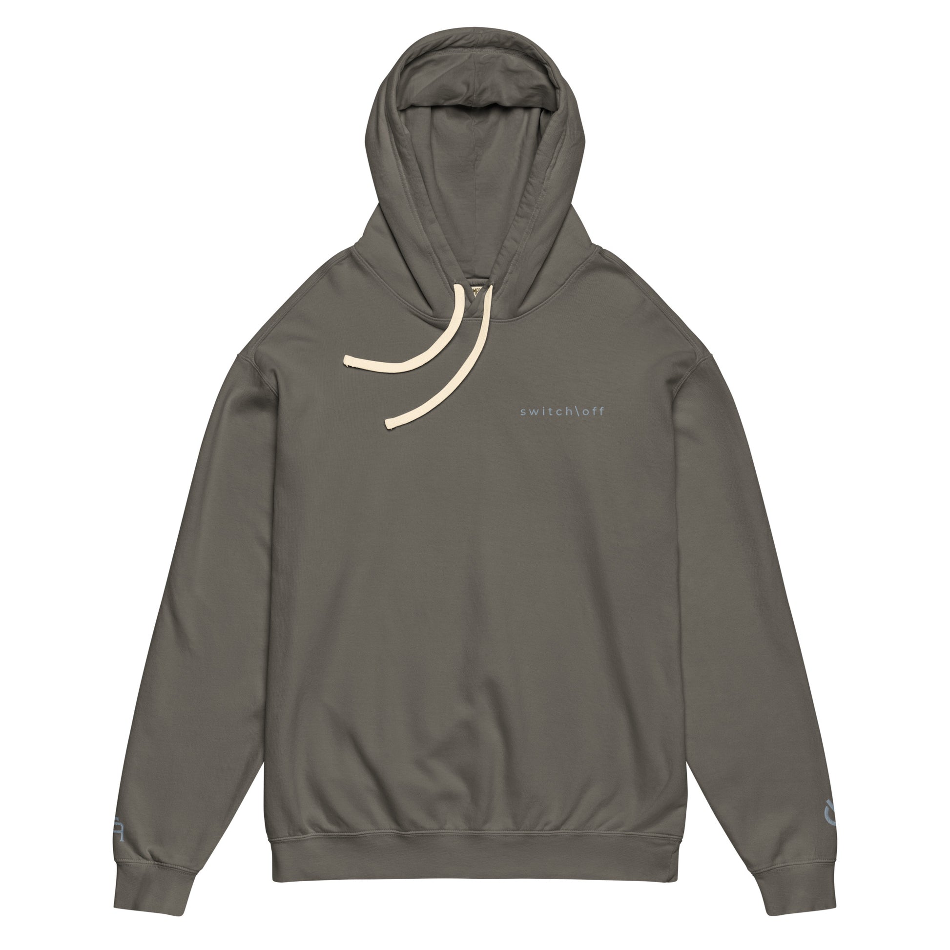 Vintage-style lightweight fleece hoodie in pepper with gray switch\off embroidery - An Athlete Trains. Flat drawstrings. Front view