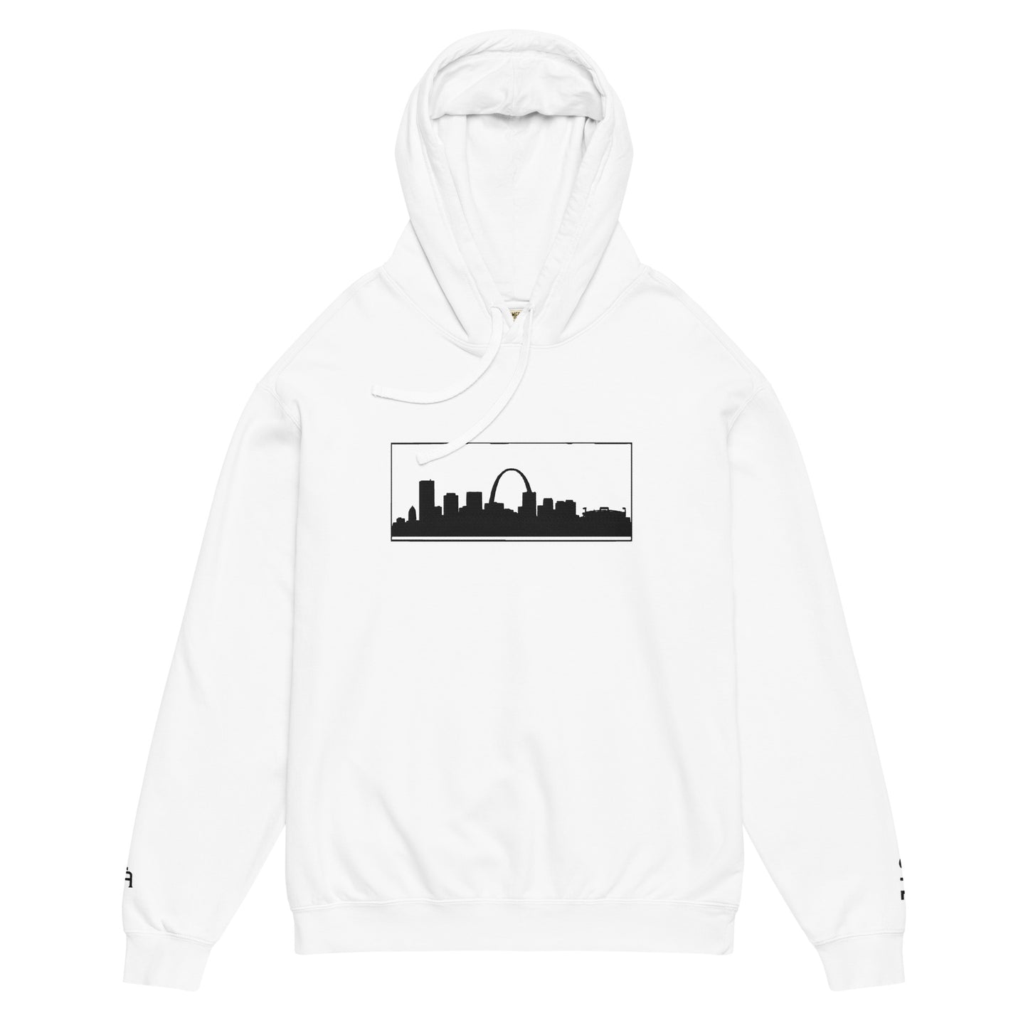 White color St. Louis Edition lightweight garment-dyed hoodie featuring St. Louis skyline, Gateway Arch, and STL wrist branding | Our City | An Athlete Trains