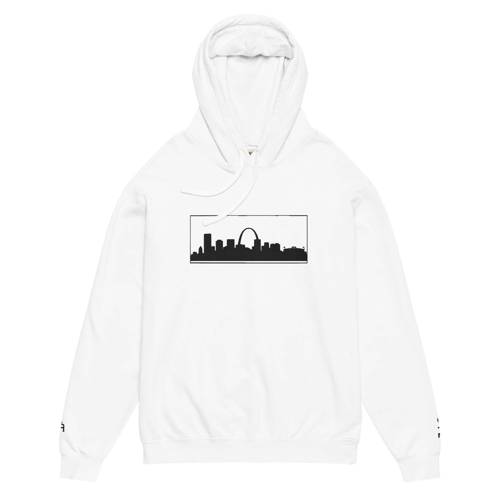 White color St. Louis Edition lightweight garment-dyed hoodie featuring St. Louis skyline, Gateway Arch, and STL wrist branding | Our City | An Athlete Trains