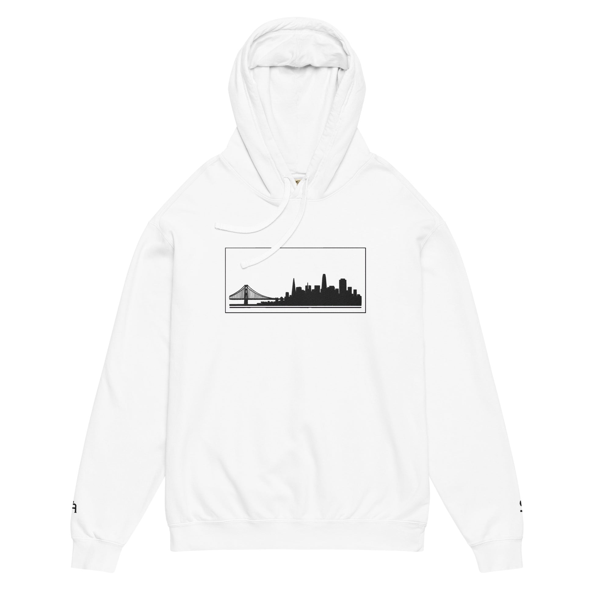 White San Francisco Edition garment-dyed lightweight hoodie with SF skyline, Golden Gate Bridge, and SF wrist detail | Our City | An Athlete Trains