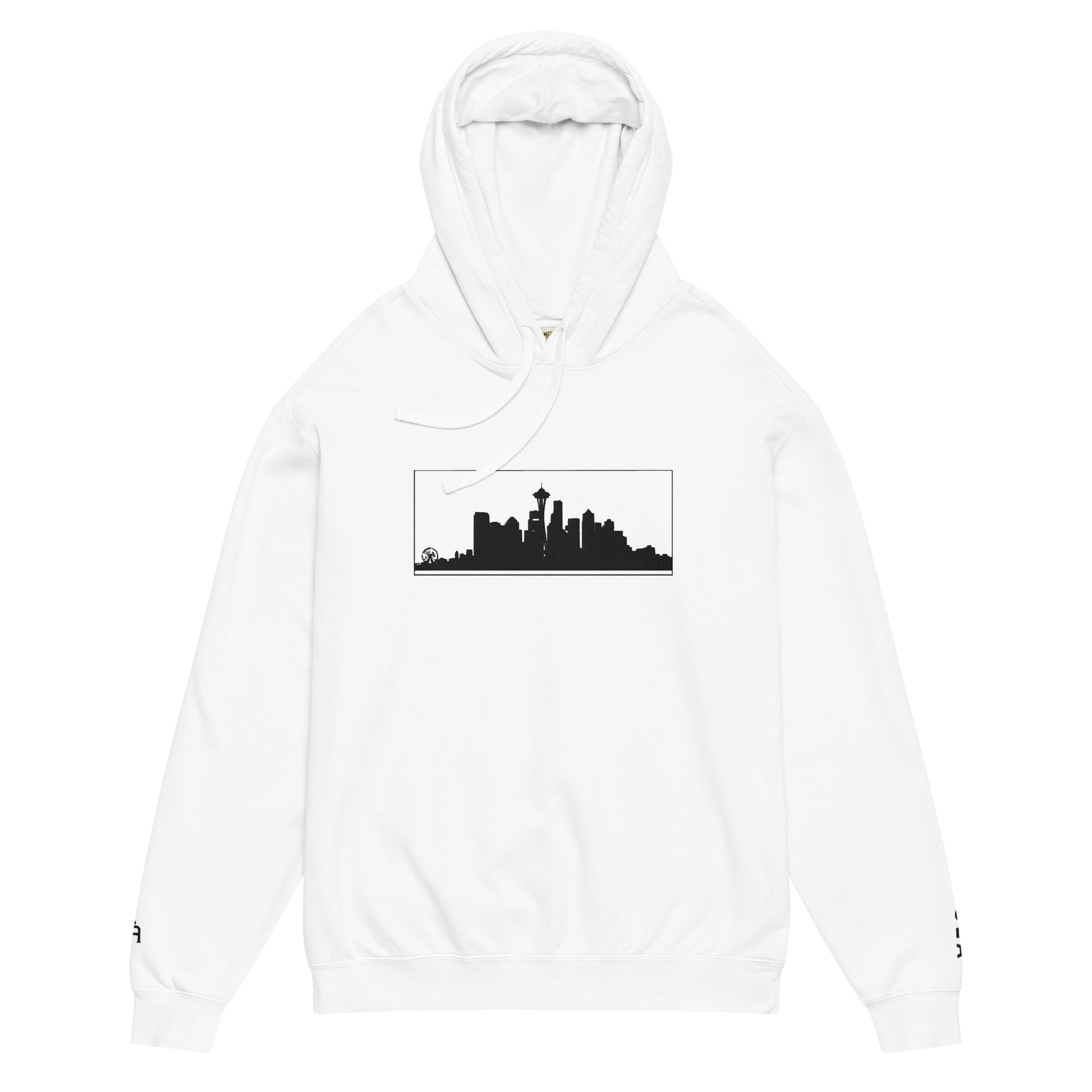 White Seattle Edition lightweight garment-dyed hoodie featuring Seattle skyline, Space Needle, and SEA wrist embroidery | Our City | An Athlete Trains