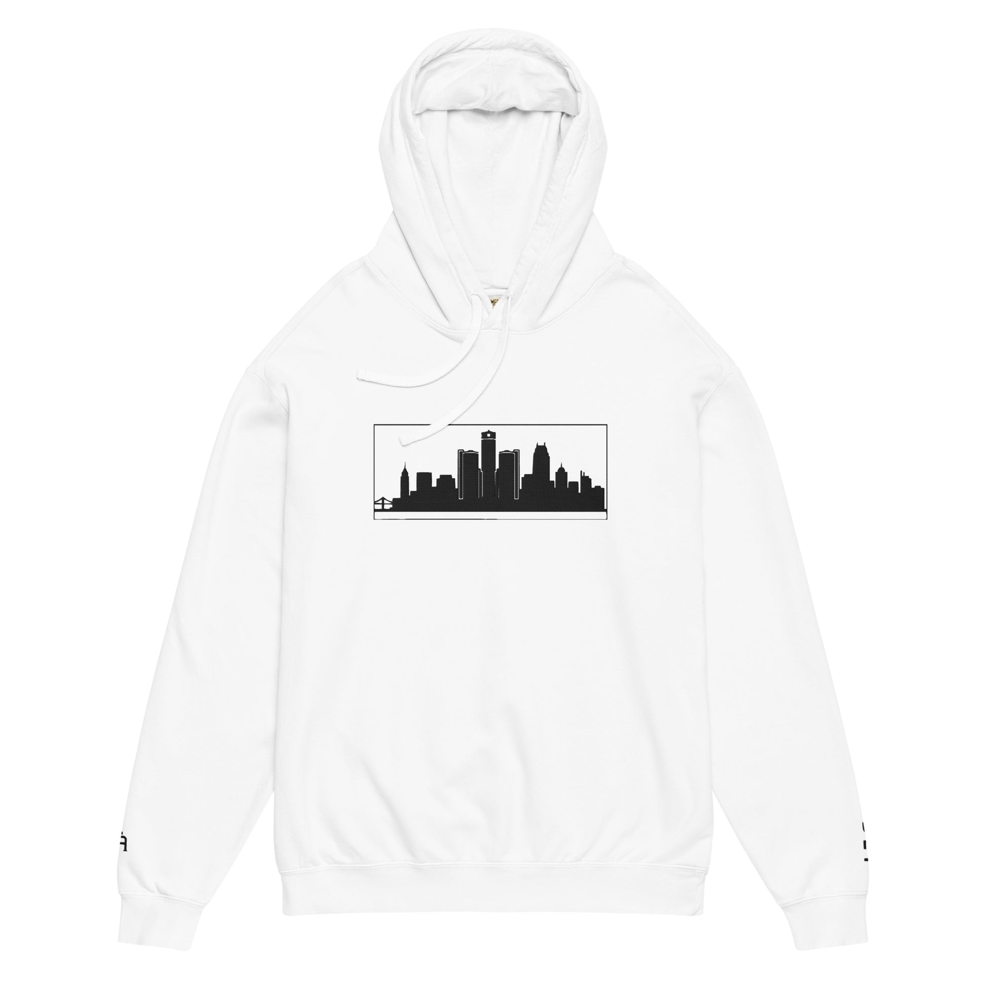 White Detroit Edition garment-dyed lightweight hoodie with embroidered Detroit skyline and DET wrist detail | Out City | An Athlete Trains